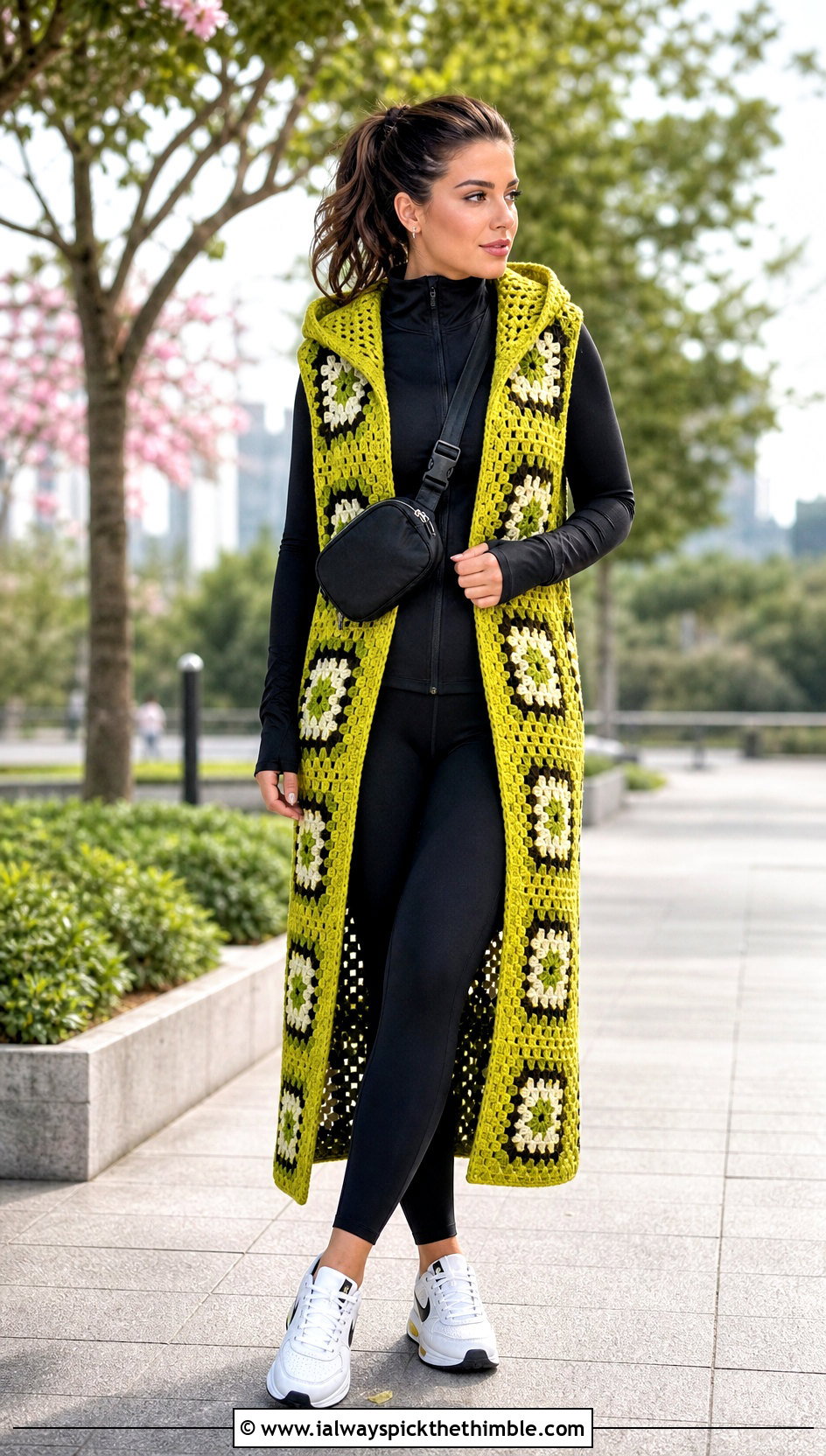 Hooded Granny Square Long Vest With Leggings And Sneakers - 20 Granny Square Long Vest outfit ideas