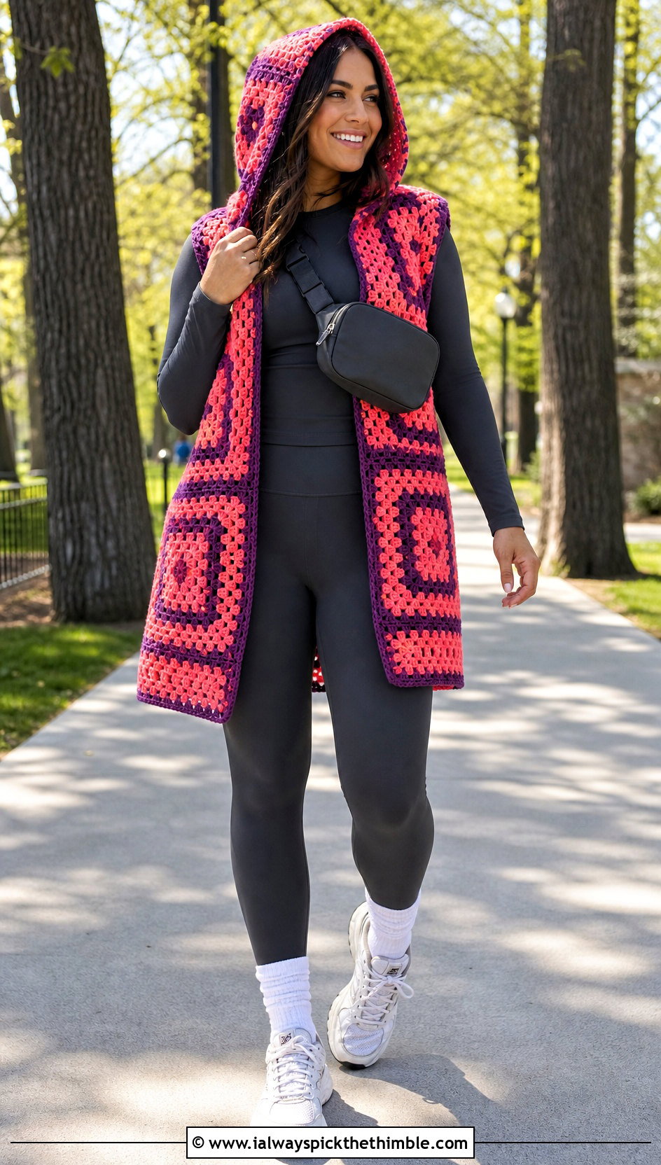 Hooded Granny Square Open Vest With Leggings And Sneakers - 20 granny square open vest outfit ideas