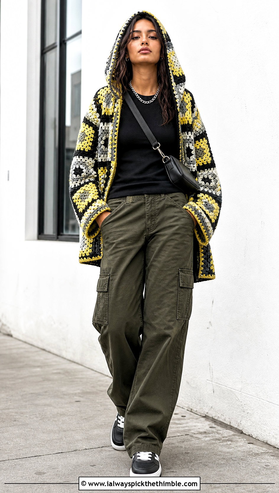 Hooded Granny Square Patchwork Cardigan With Cargo Pants - 20 Granny Square Patchwork Cardigan outfit ideas