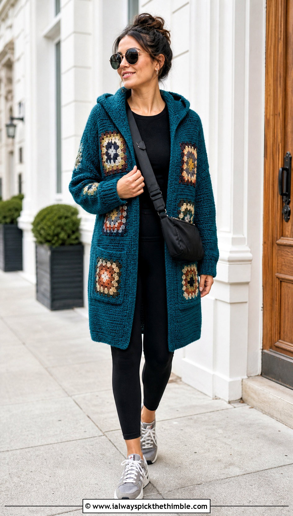 Hooded Granny Square Pocket Cardigan With Leggings - 20 crochet sweater with pockets outfit ideas