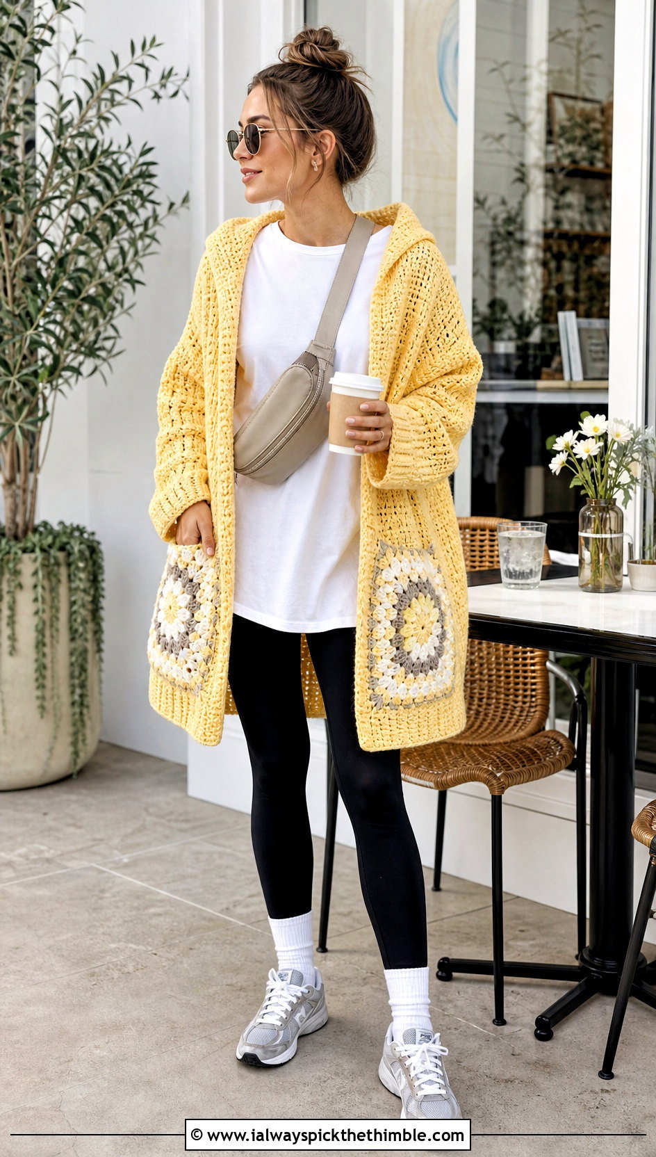 Hooded Granny Square Pocket Shawl With Black Leggings - 20 Granny Square Pocket Shawl outfit ideas