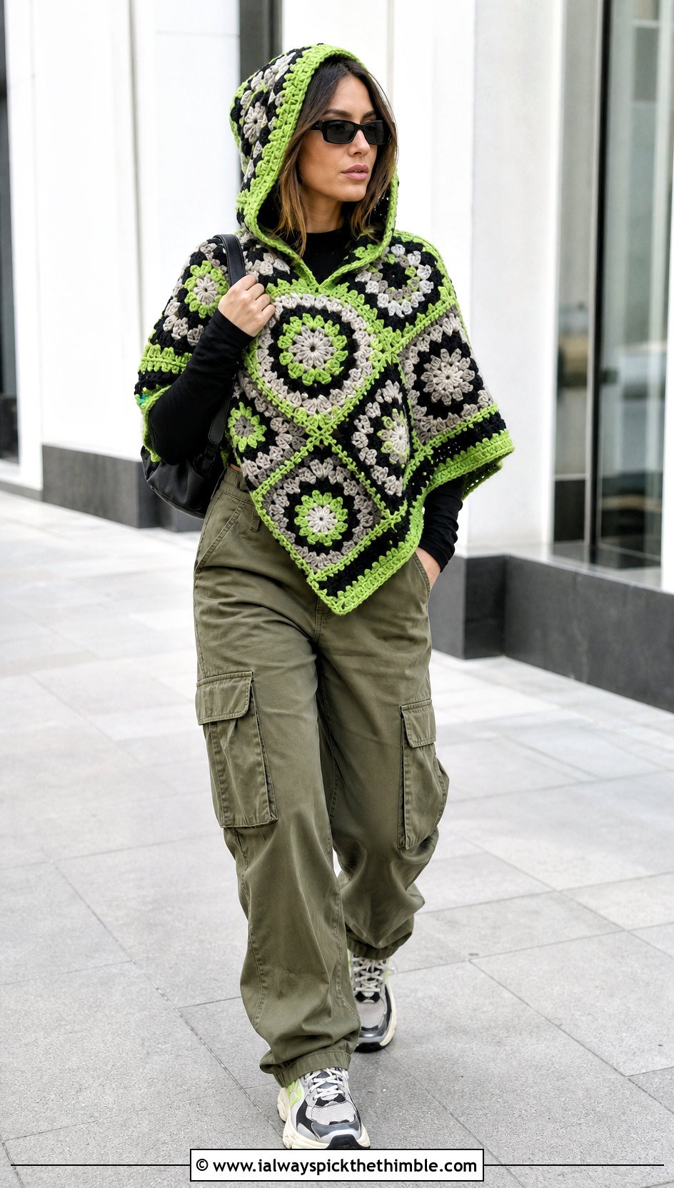 Hooded Granny Square Poncho With Cargo Pants - 20 Granny Squares Poncho outfit ideas