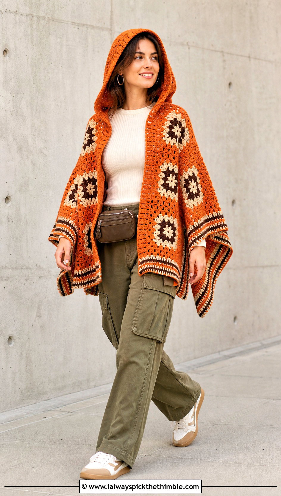 Hooded Granny Square Poncho With Cargo Pants - 15 easy granny square poncho outfit ideas