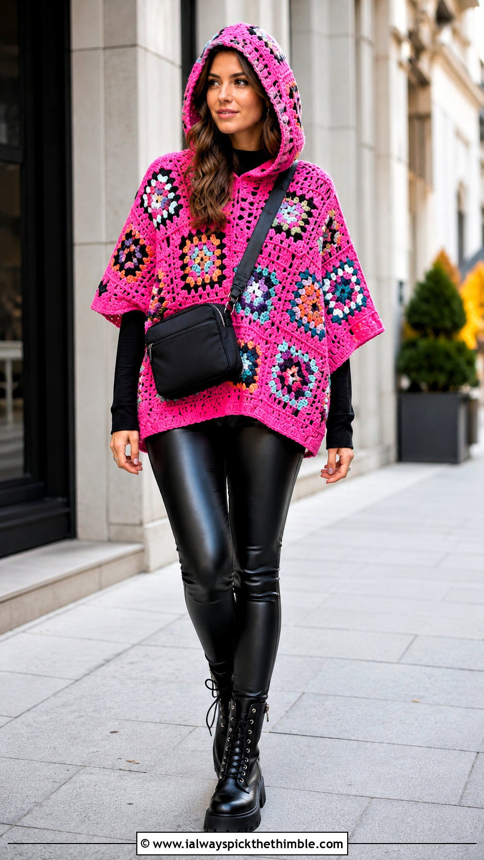 Hooded Granny Square Poncho With Leather Leggings - 25 granny square poncho outfit ideas