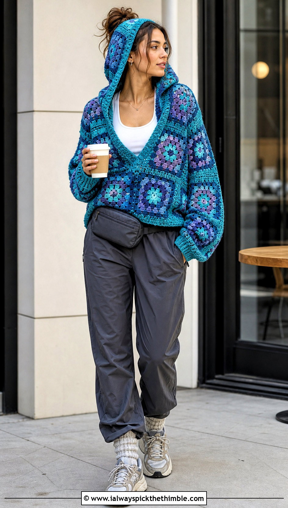 Hooded Granny Square Pullover With Track Pants - 25 crochet granny square pullover outfit ideas