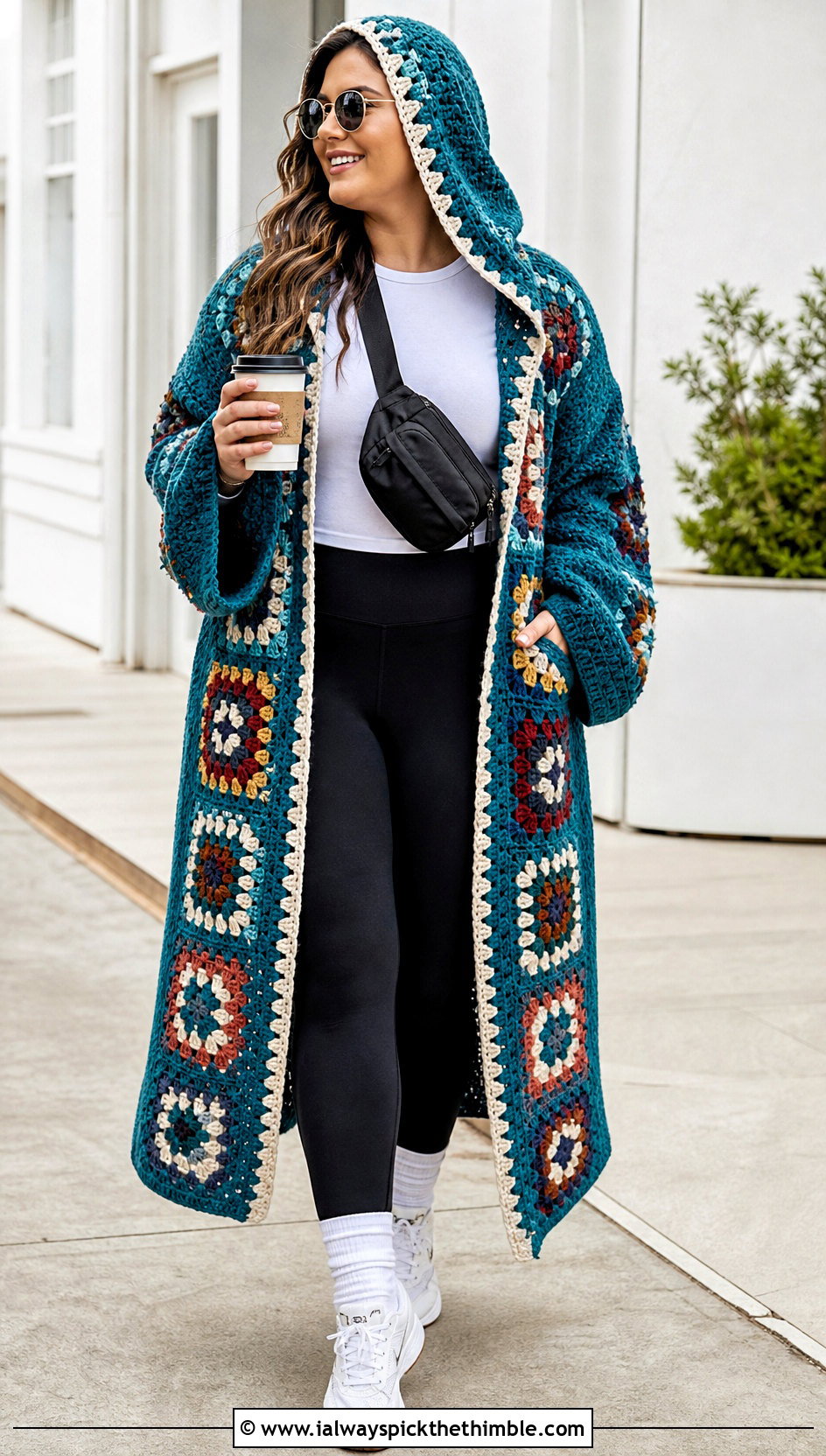 Hooded Granny Square Robe With Leggings And Sneakers - 20 granny square robe outfit ideas