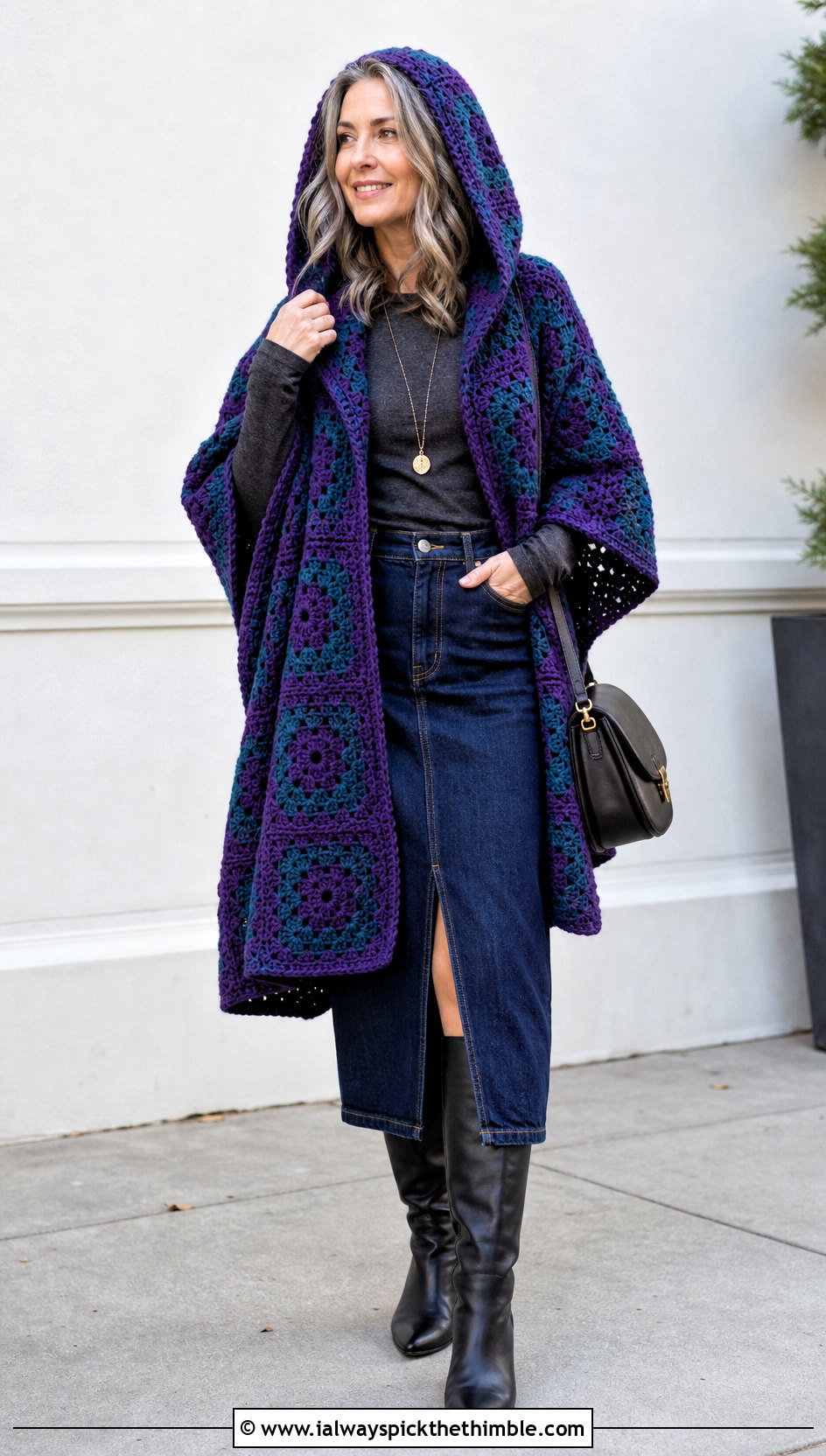 Hooded Granny Square Ruana With Denim Midi Skirt - 20 Granny Square Ruana outfit ideas
