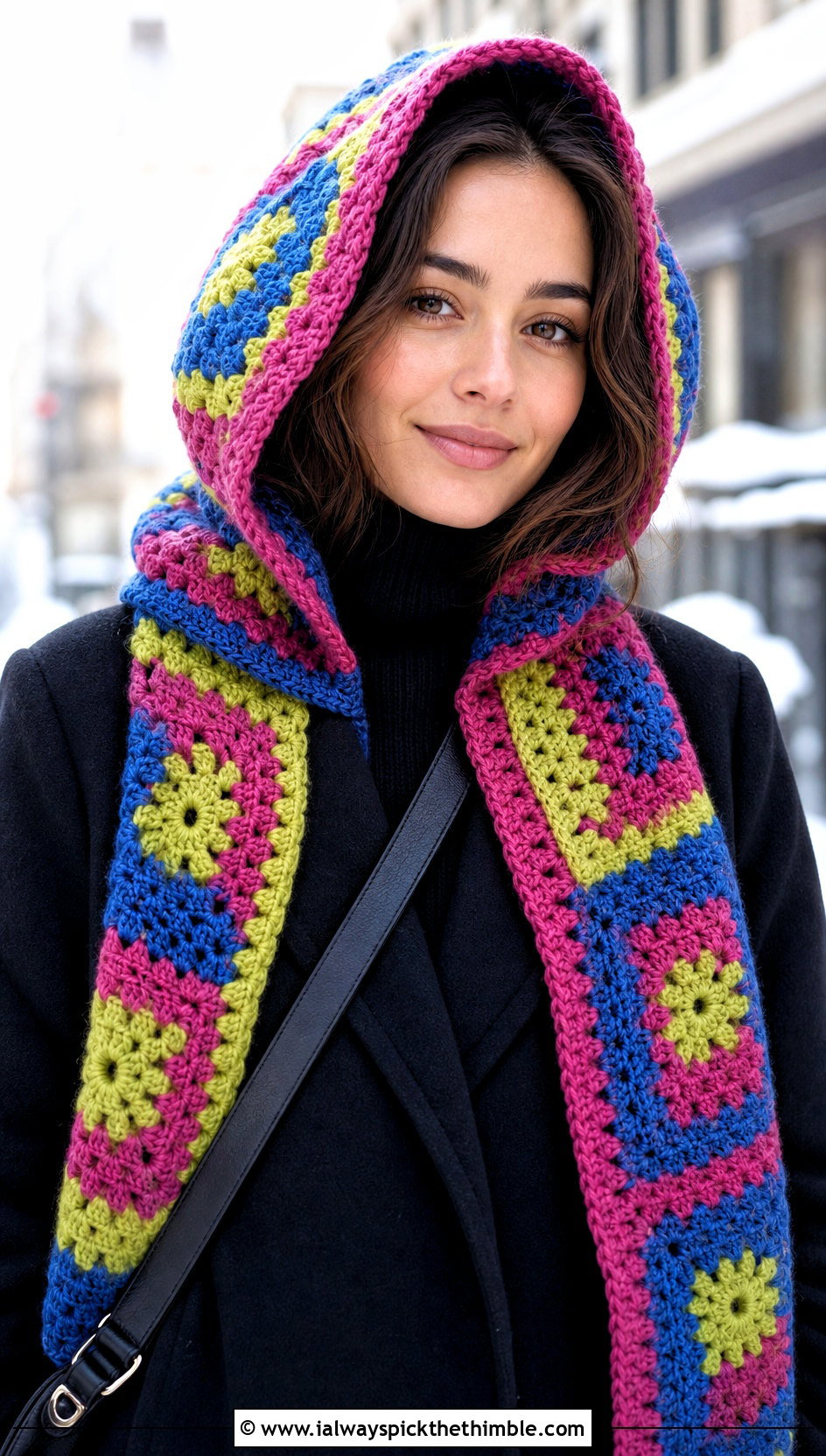 Hooded Granny Square Scarf With Long Coat And Lace Up Boots - 20 crochet granny square scarf outfit ideas