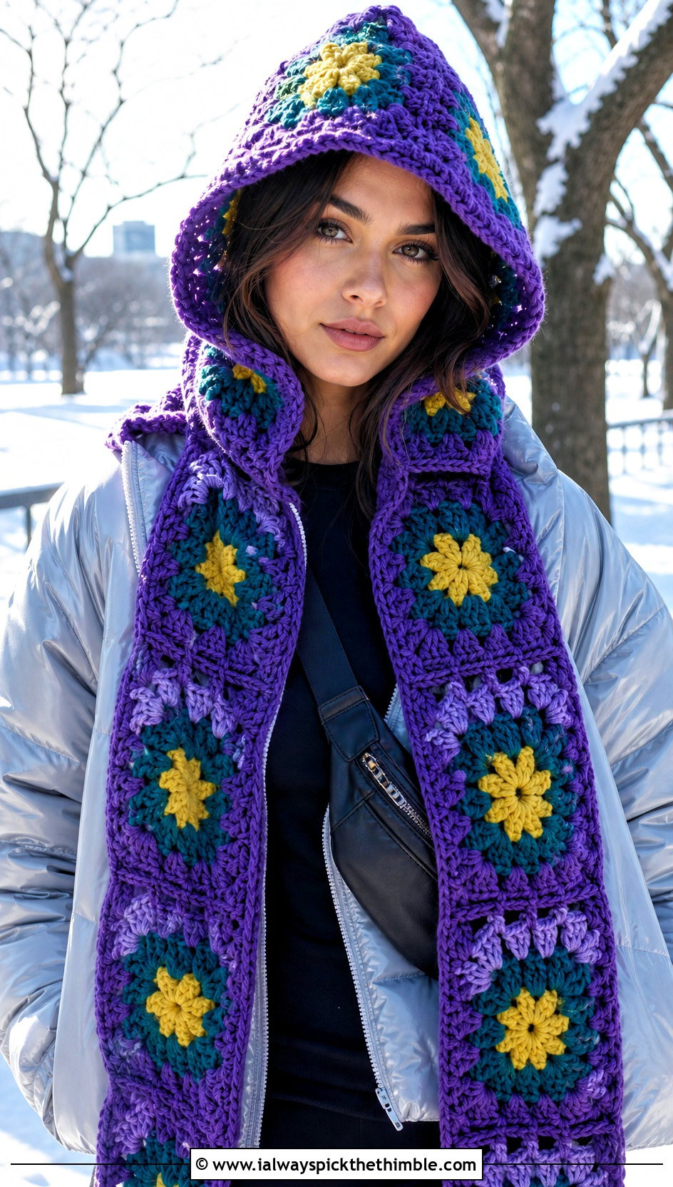 Hooded Granny Square Scarf With Puffer Jacket And Leggings - 25 granny crochet scarf outfit ideas