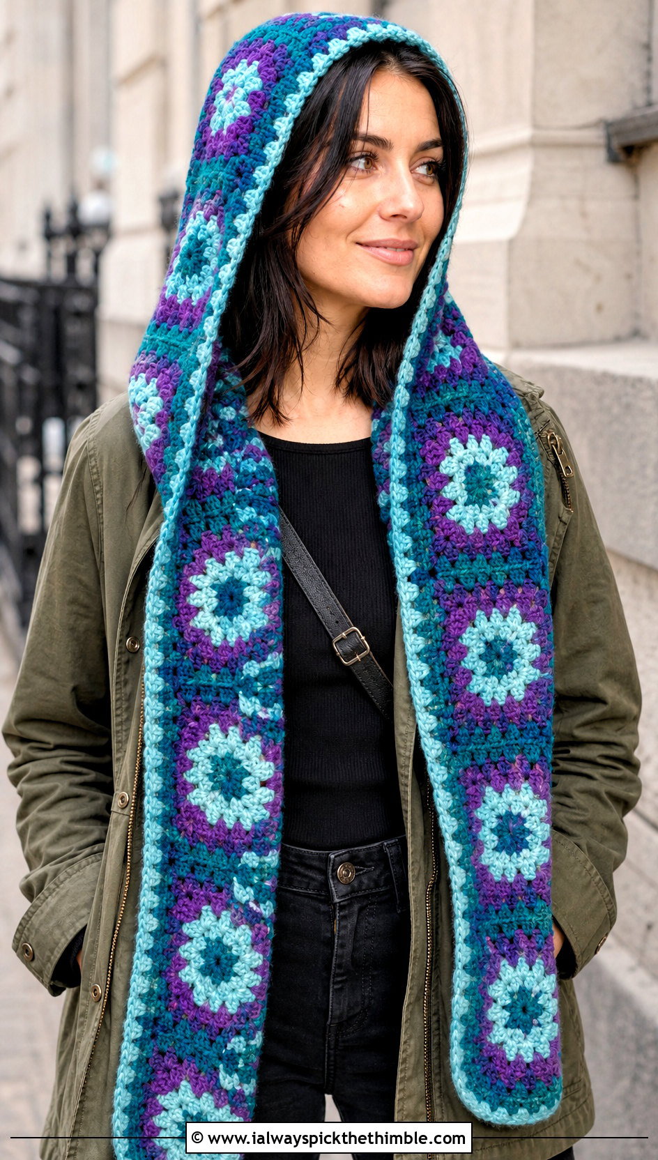 Hooded Granny Square Scarf With Utility Jacket And Black Jeans - 25 granny square scarf outfit ideas