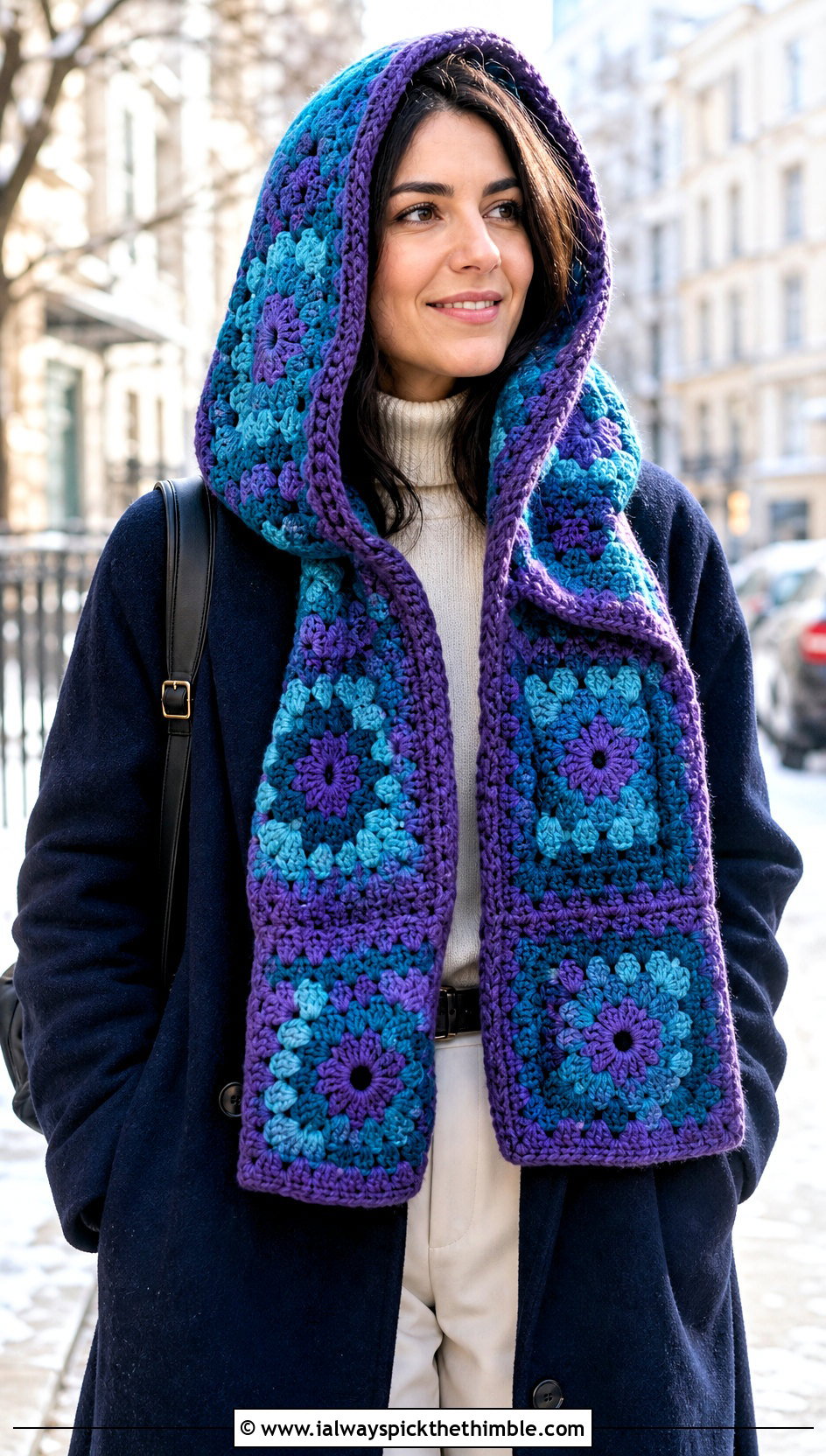 Hooded Granny Square Scarf With Wool Coat And Chelsea Boots - 20 crochet scarf squares outfit ideas