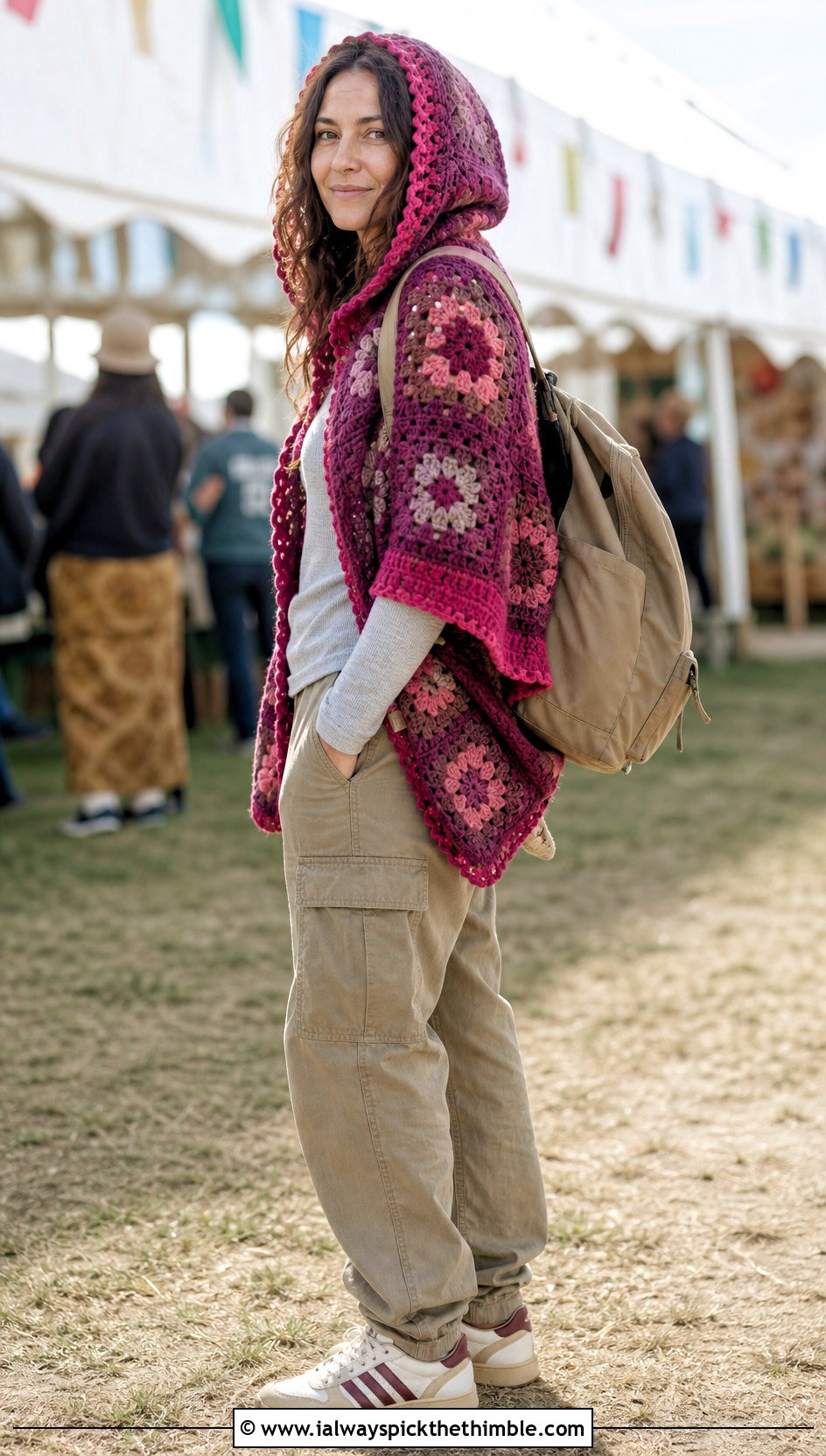 Hooded Granny Square Shawl With Cargo Pants - 25 granny square shawl outfit ideas