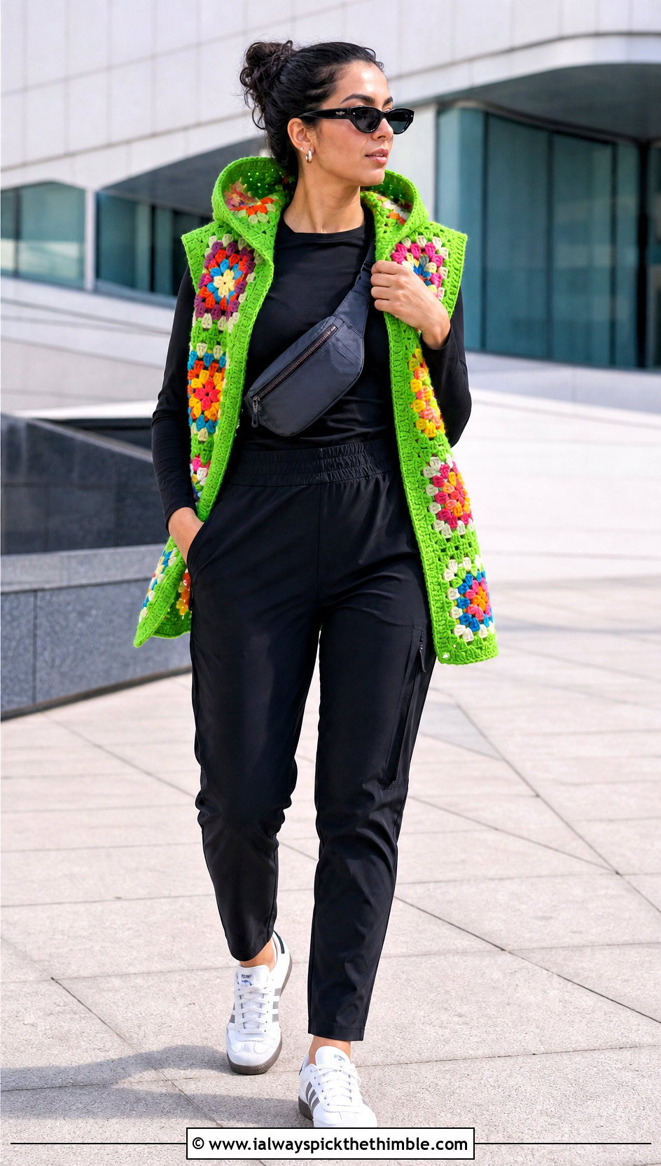 Hooded Granny Square Sleeveless Cardigan With Track Pants - 20 granny square sleeveless cardigan outfit ideas