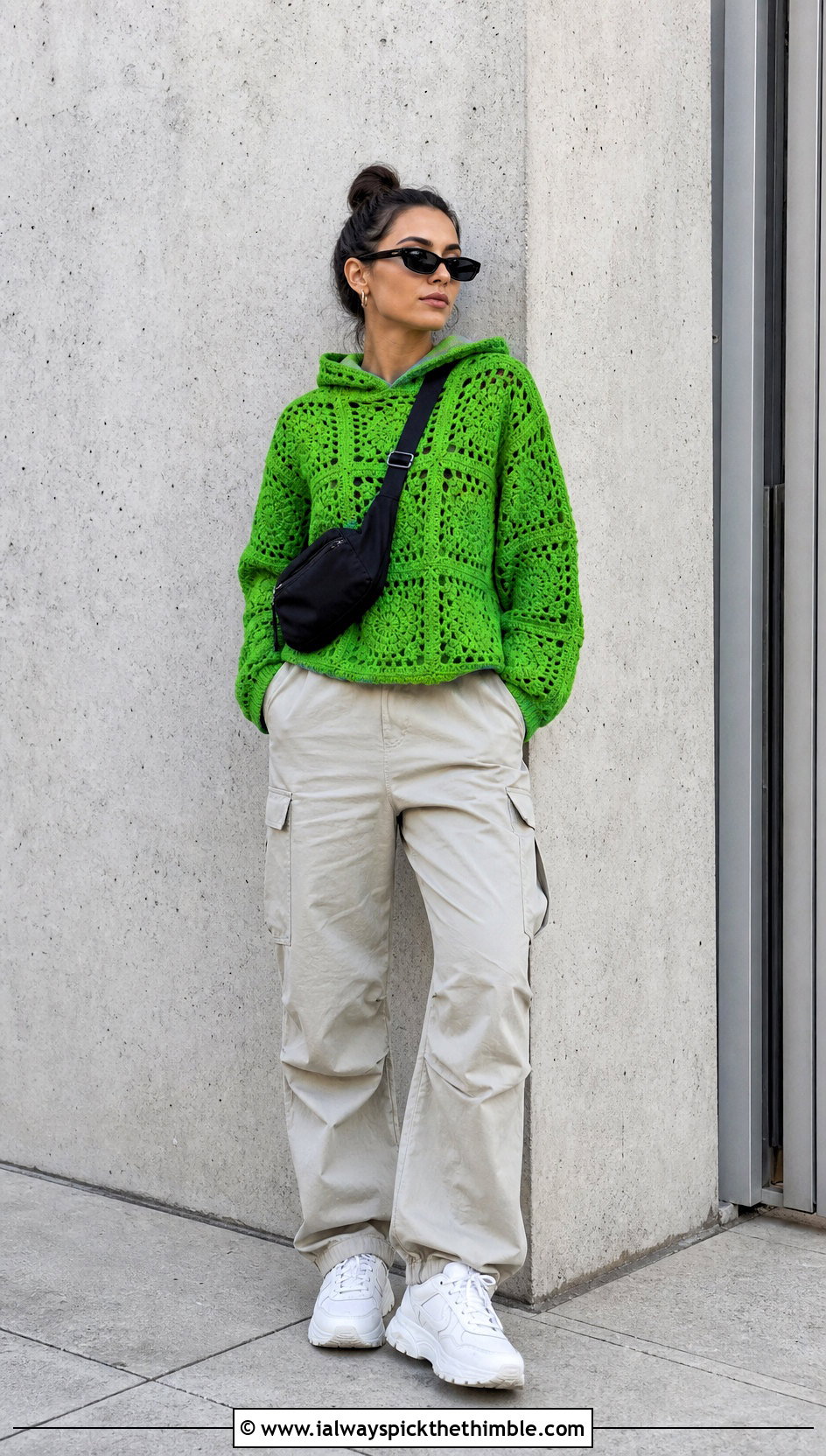 Hooded Granny Square Stitch Sweater With Cargo Pants - 20 granny square stitch sweater outfit ideas