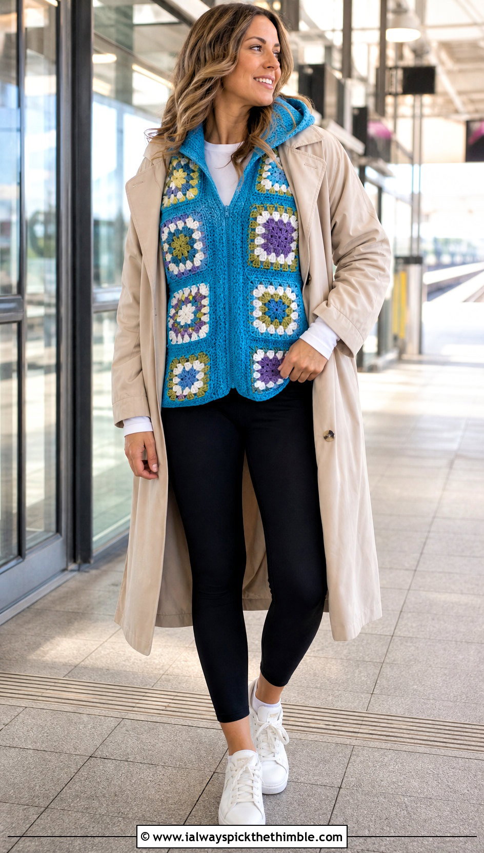 Hooded Granny Square Sweater Vest With Leggings And Trench Coat - 15 Crochet Granny Square Sweater Vest outfit ideas