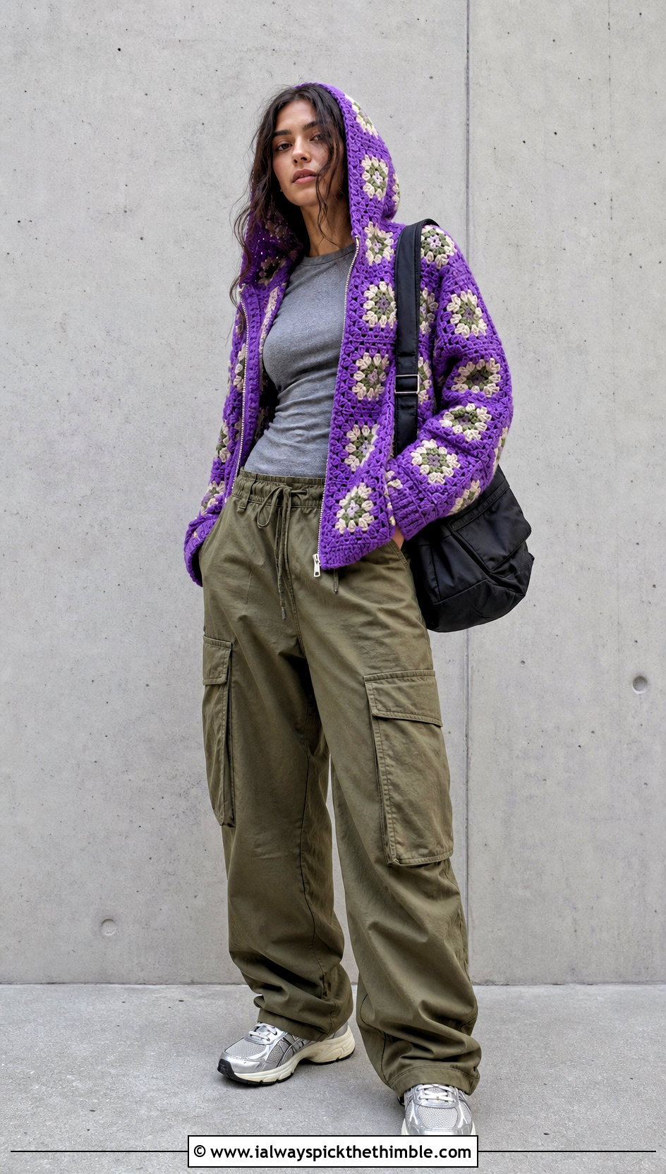 Hooded Granny Square Sweater With Cargo Pants - 20 easy granny square sweater outfit ideas