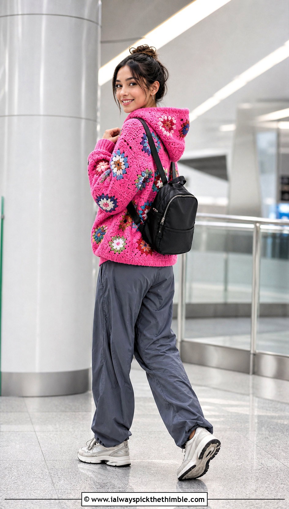 Hooded Granny Square Sweater With Parachute Pants - 25 Crochet Square Sweater outfit ideas