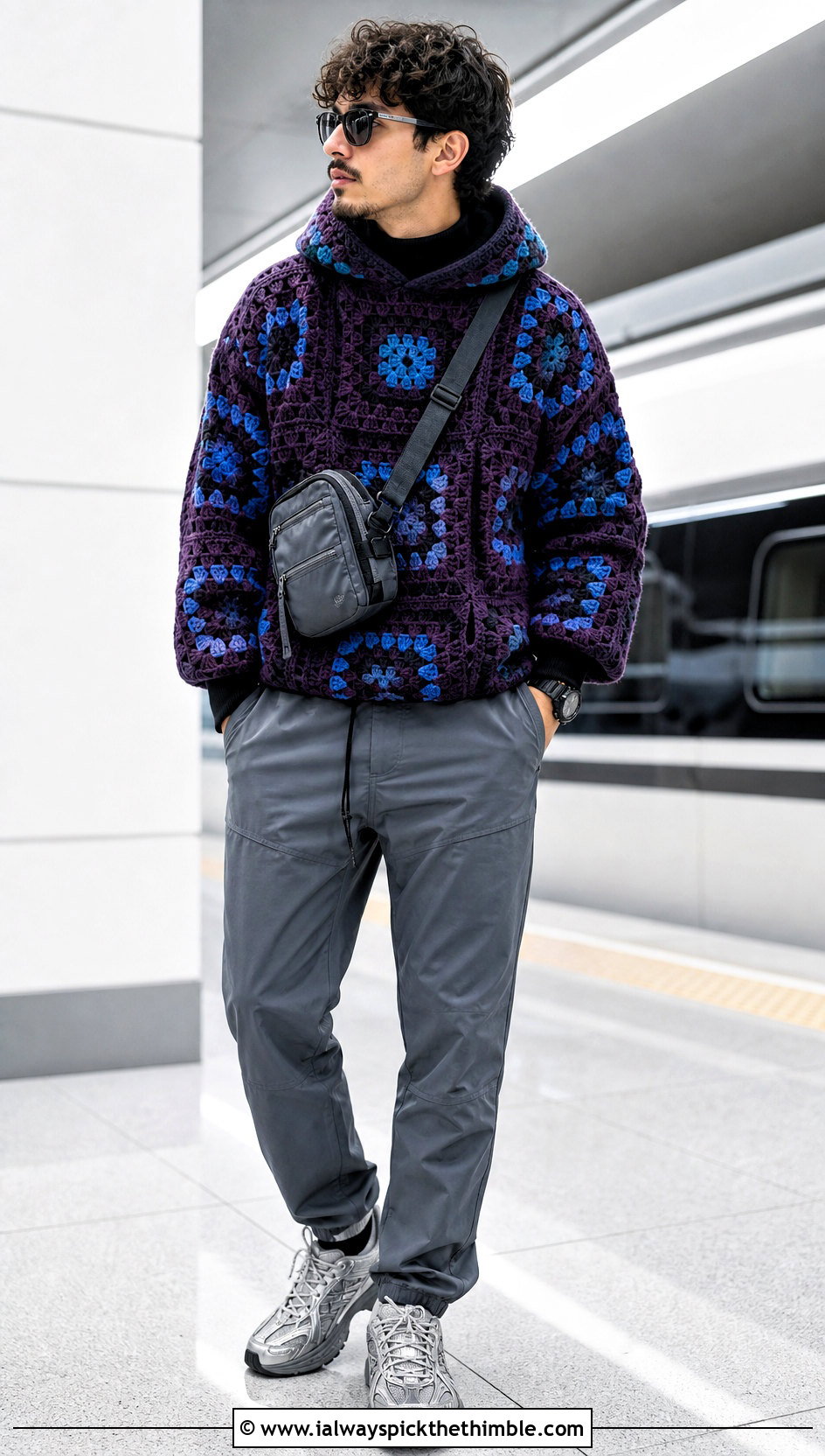 Hooded Granny Square Sweater With Technical Pants - 20 Crochet Granny Square Sweater For Men outfit ideas