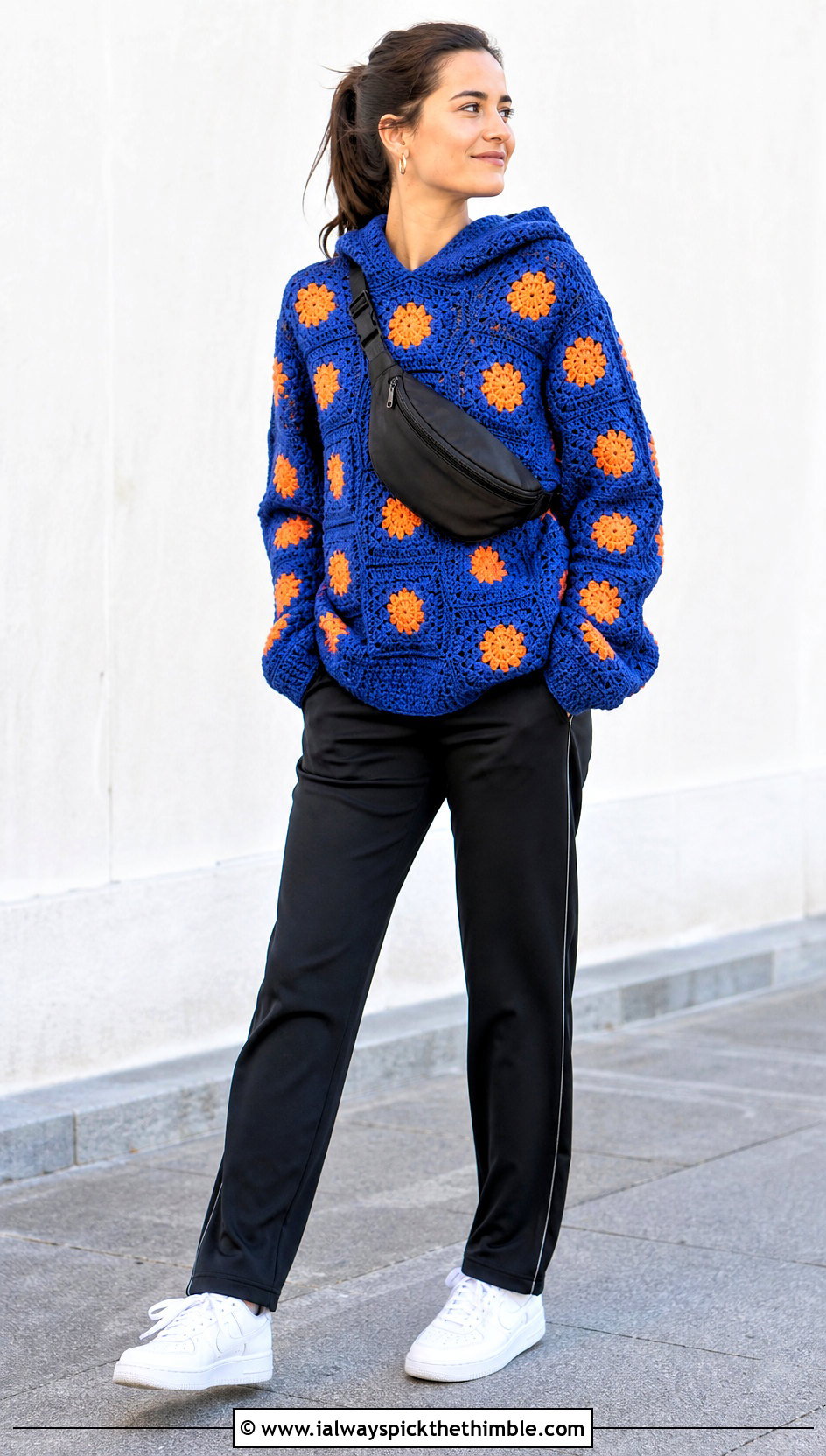 Hooded Granny Square Sweater With Track Pants - 25 granny square sweater outfit ideas
