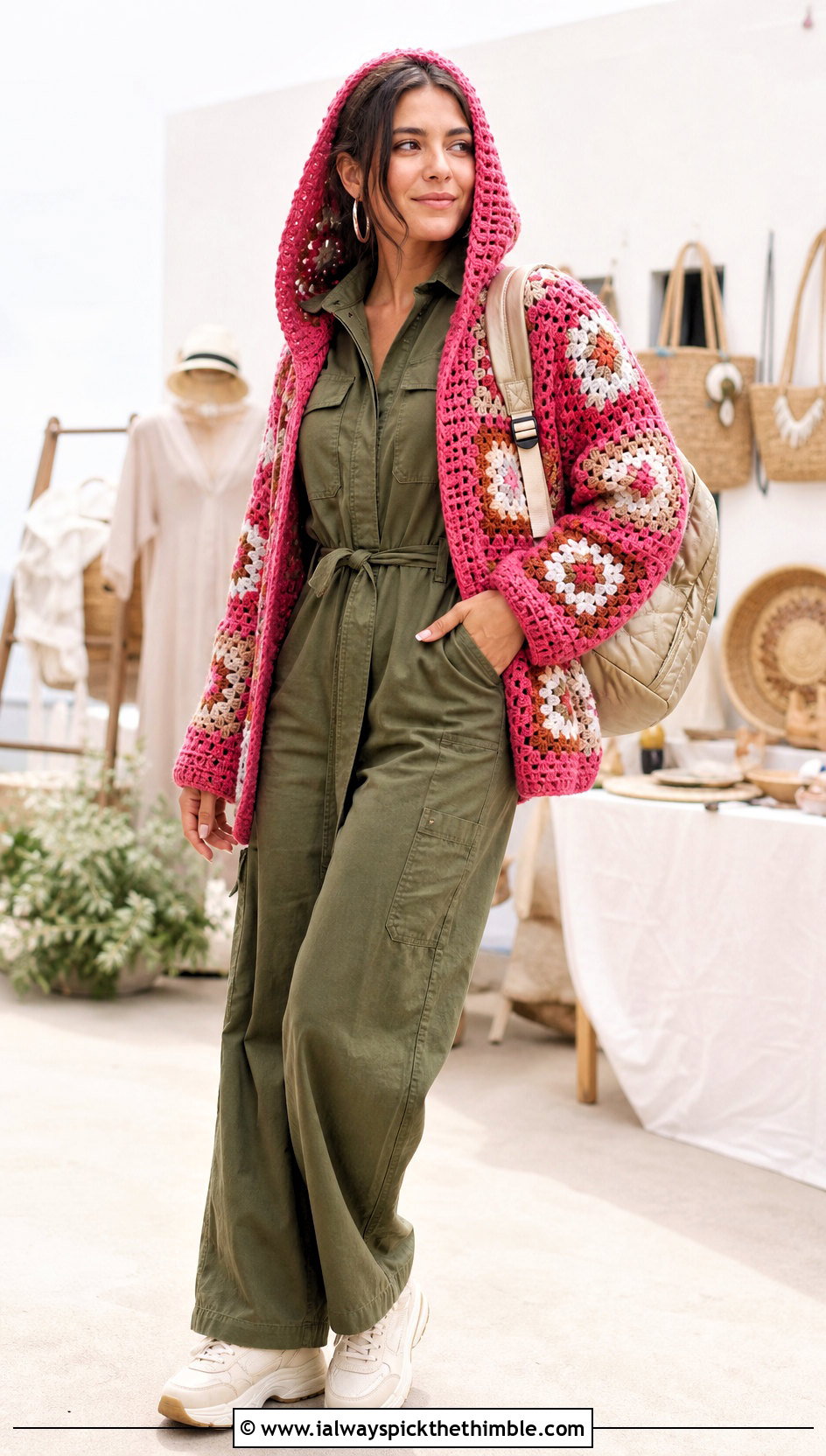 Hooded Granny Square Sweater With Utility Jumpsuit - 20 oversized granny square sweater outfit ideas