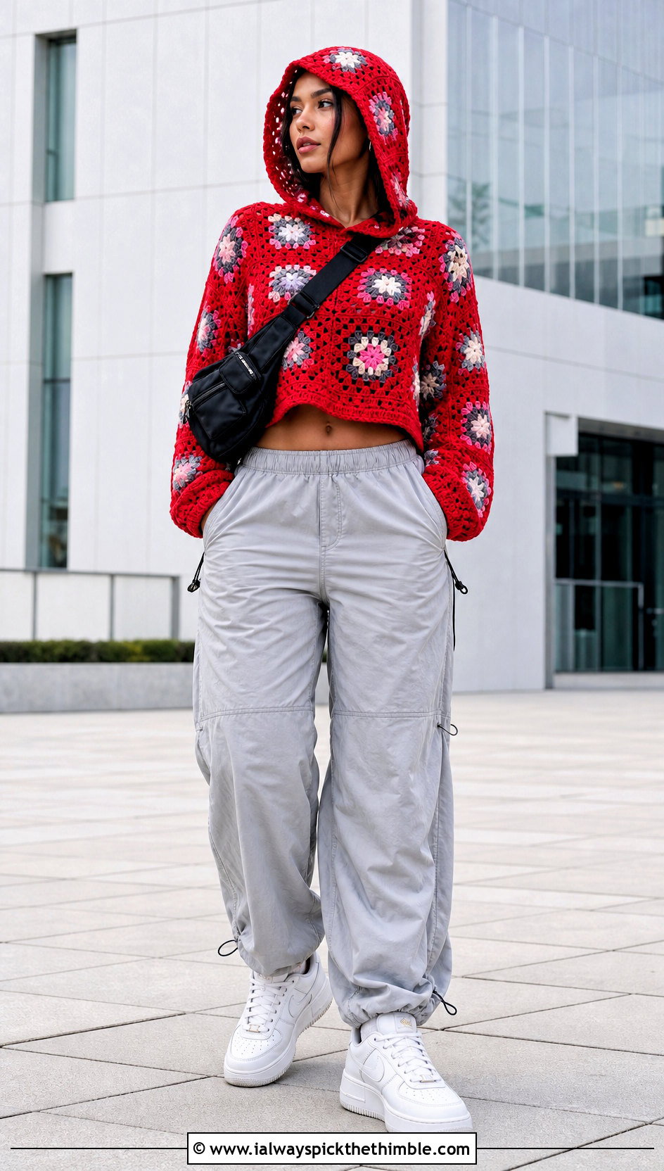 Hooded Granny Square Top With Parachute Pants - 25 crochet granny square tops outfit ideas