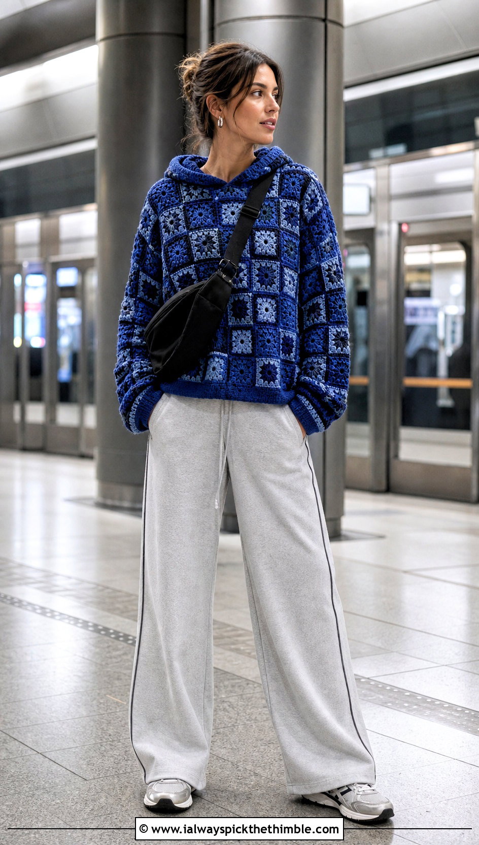 Hooded Granny Square Top With Track Pants - 25 crochet granny square top outfit ideas