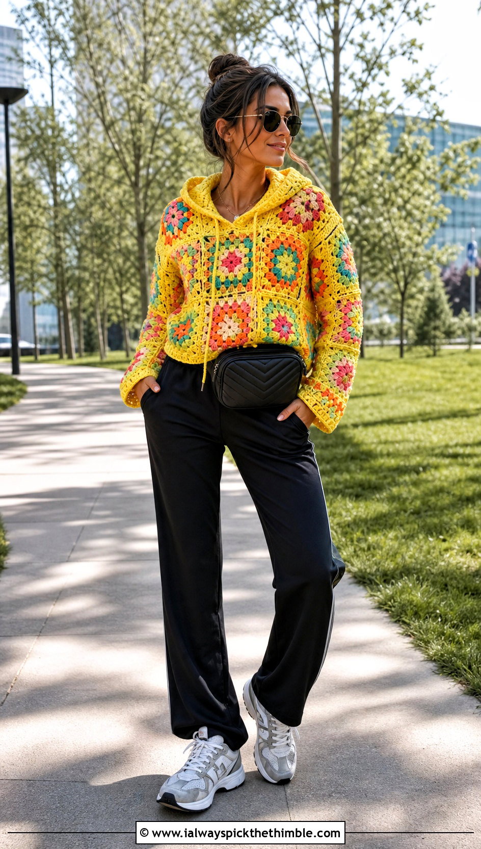 Hooded Granny Square Top With Track Pants - 20 Crochet Granny Square Tops For Women outfit ideas