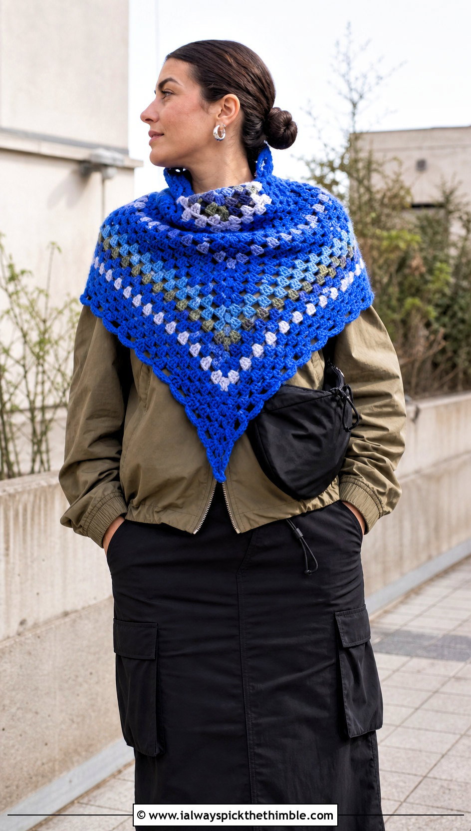 Hooded Granny Square Triangle Shawl With Utility Jacket And Cargo Skirt - 20 granny square triangle shawl outfit ideas