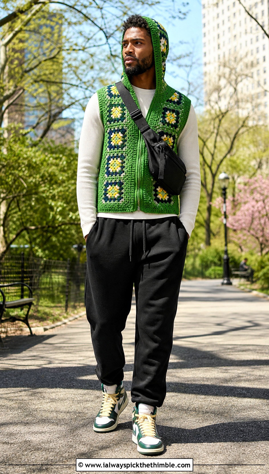 Hooded Granny Square Vest With Joggers And High Top Sneakers - 20 crochet granny square mens vest outfit ideas