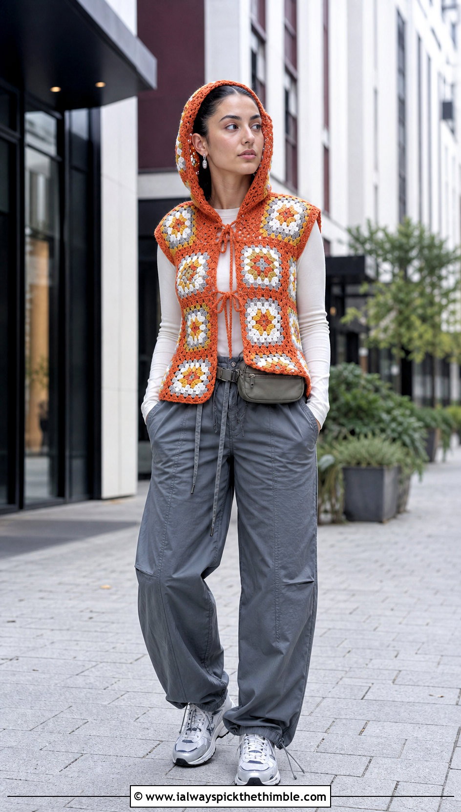 Hooded Granny Square Vest With Parachute Pants - 25 granny square vest outfit ideas