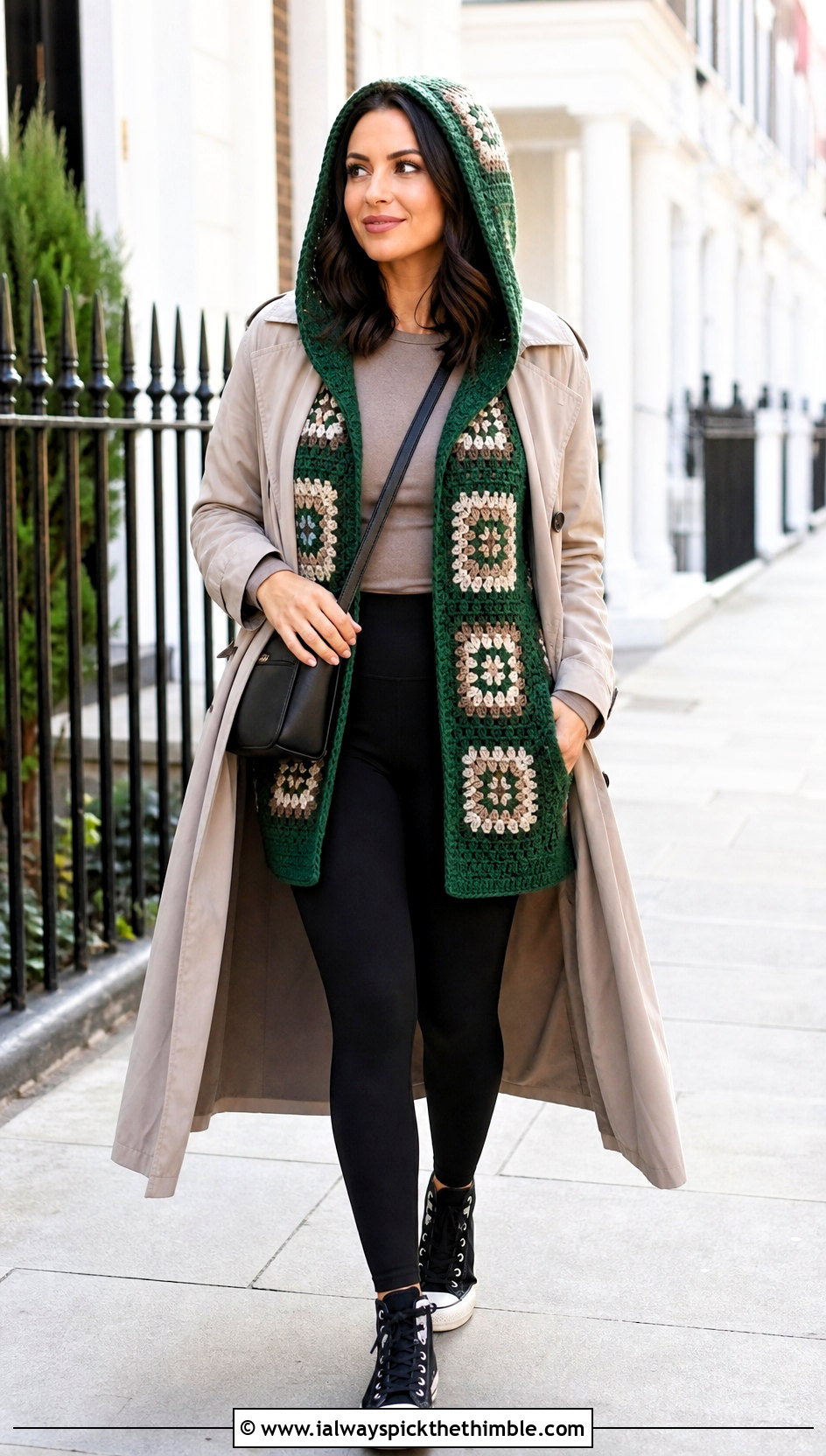 Hooded Granny Square Waistcoat With Leggings And Trench Coat - 20 crochet granny square waistcoat outfit ideas