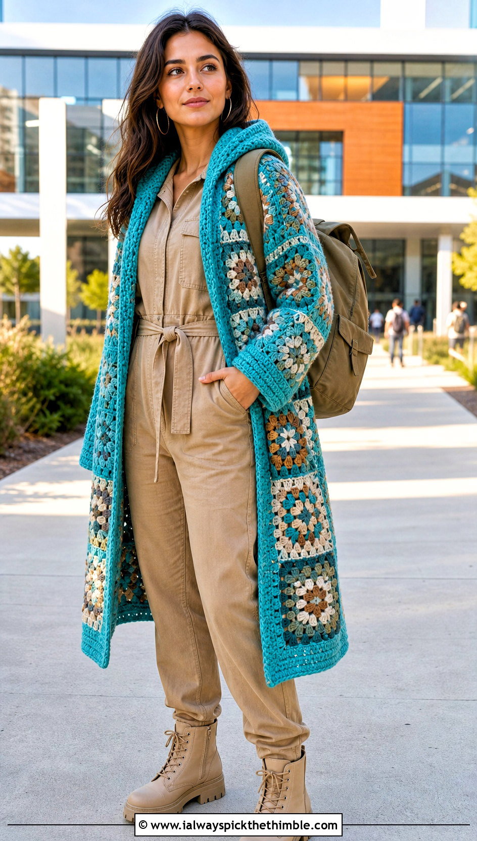 Hooded Granny Square Wrap With Utility Jumpsuit - 20 granny square wrap outfit ideas