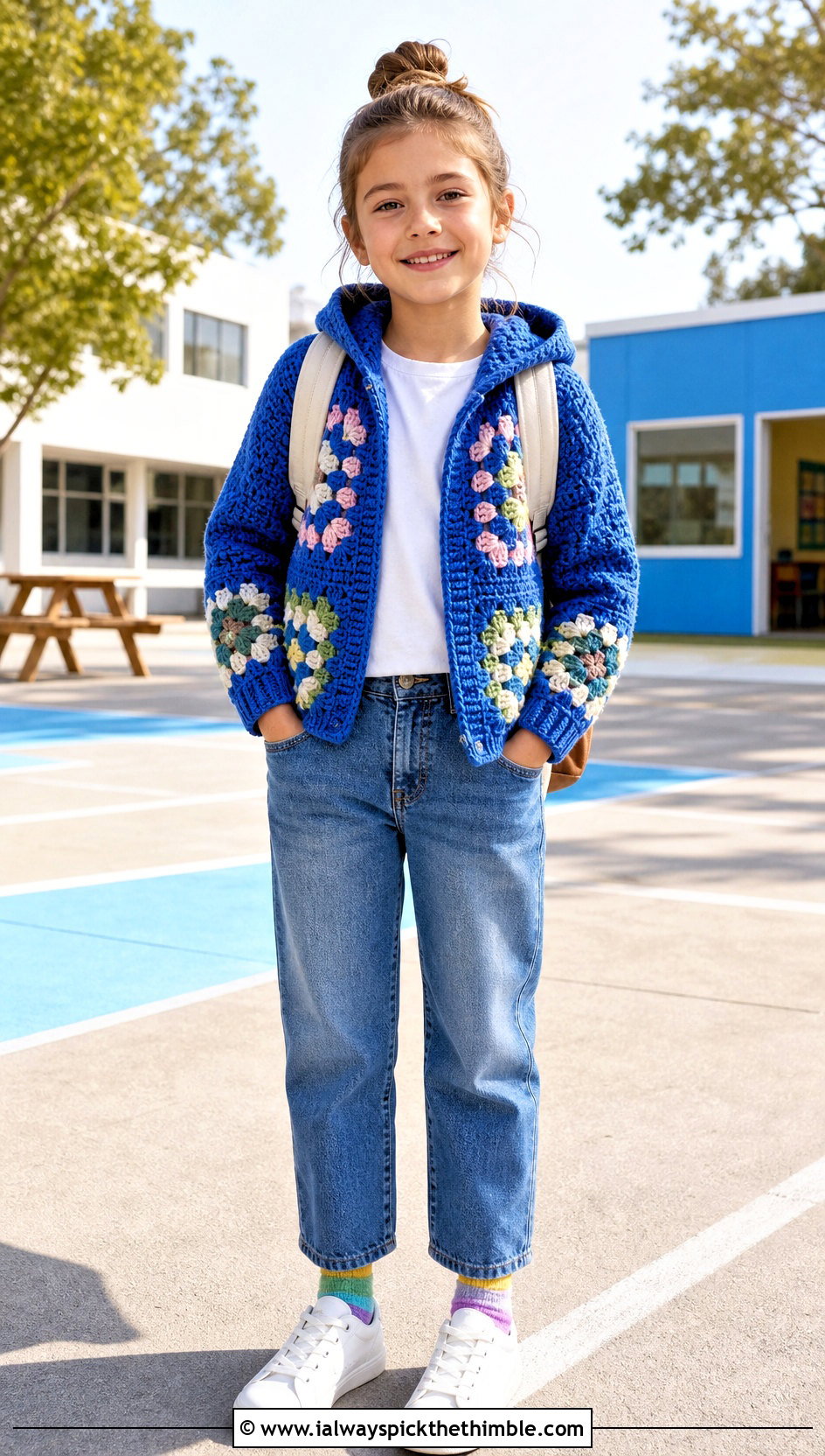 Hooded Granny Stitch Childs Hexagon Cardigan With Jeans - 15 Crochet Childs Hexagon Cardigan outfit ideas