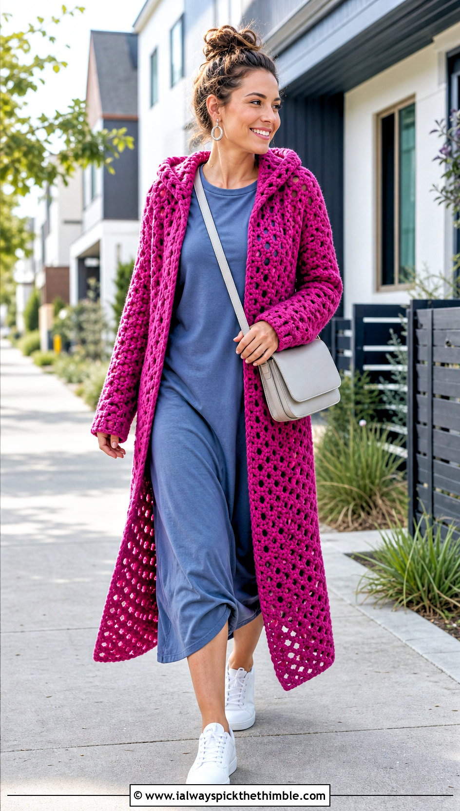 Hooded Granny Stitch Duster With T Shirt Dress - 20 crochet long hooded cardigan outfit ideas