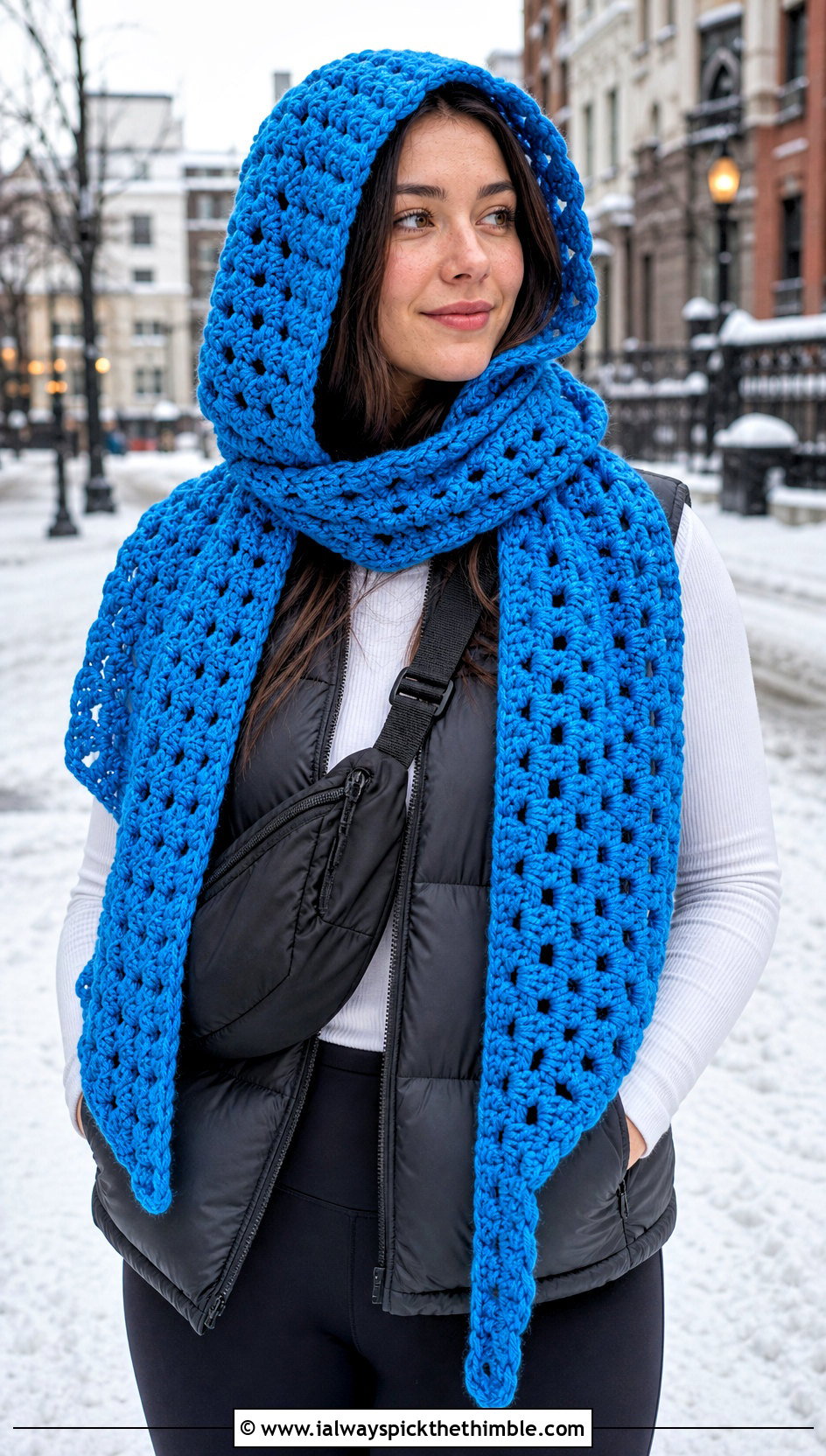 Hooded Granny Stitch Scarf With Puffer Vest - 20 crochet granny stitch scarf outfit ideas