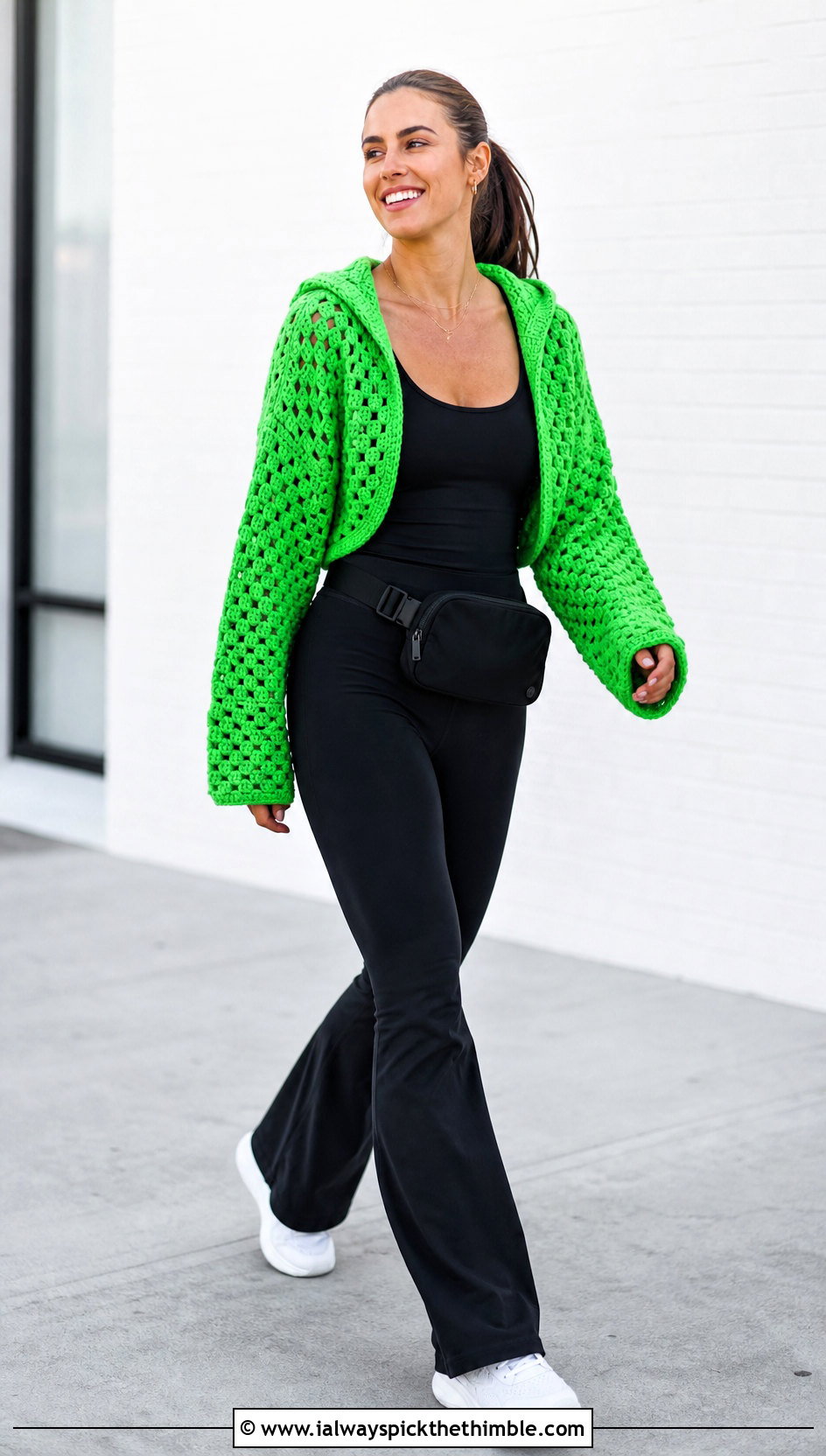 Hooded Granny Stitch Shrug With Leggings And Sneakers - 20 Crochet Granny Shrug outfit ideas