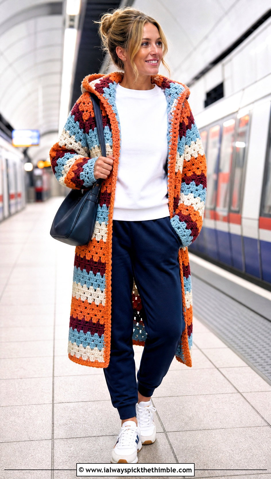 Hooded Granny Stripe Crochet Coat With Joggers - 20 crochet long cardigan sweater coats outfit ideas