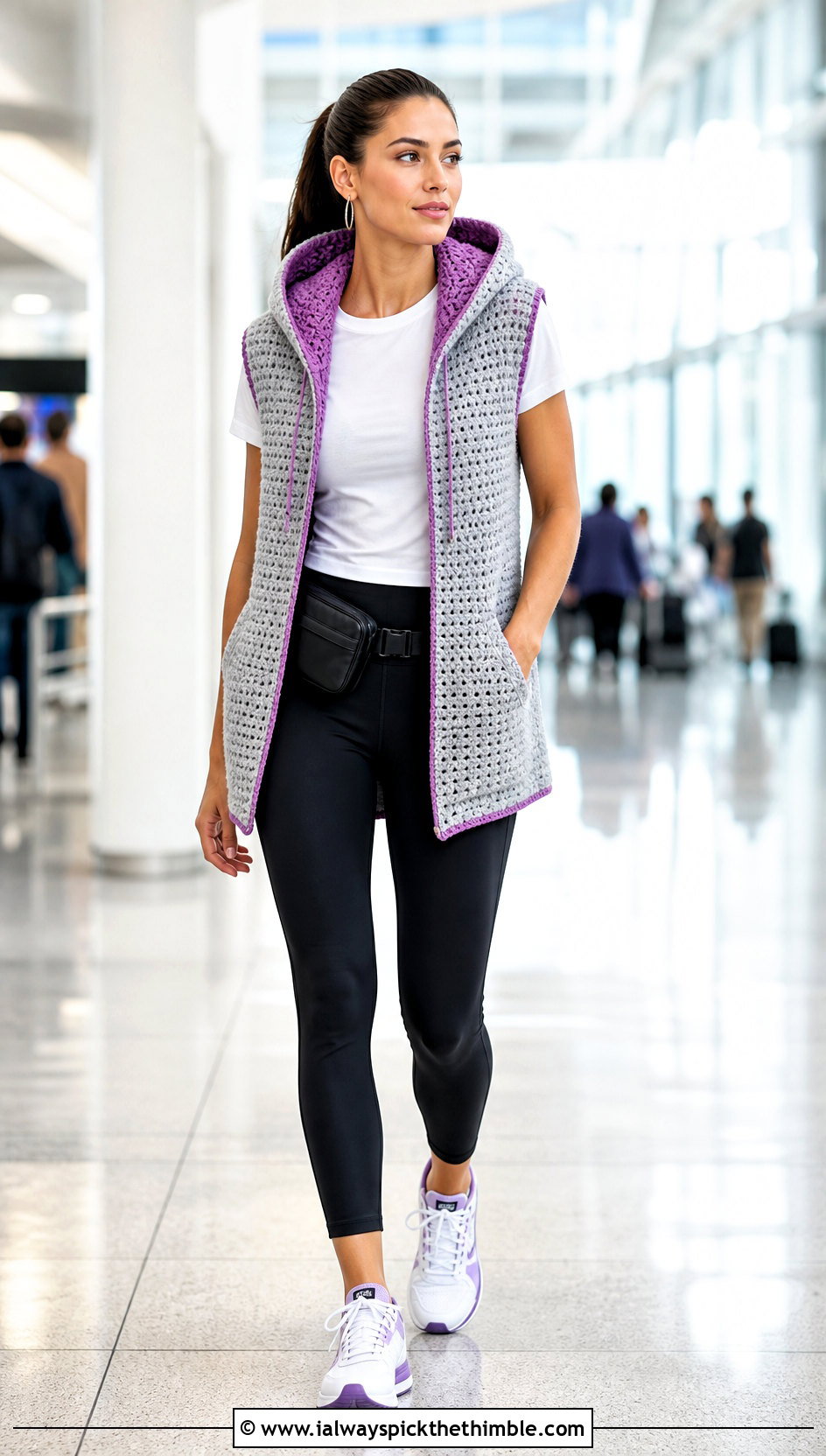 Hooded Gray Crochet Vest With Leggings And Sneakers - 15 gray crochet vest outfit ideas