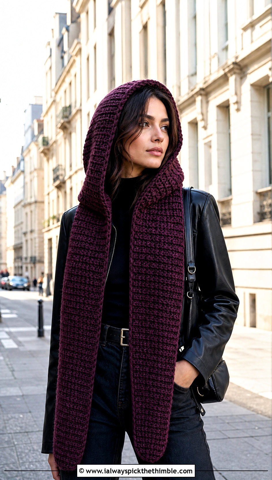 Hooded Half Double Crochet Scarf With Leather Jacket - 20 Half Double Crochet Scarf outfit ideas