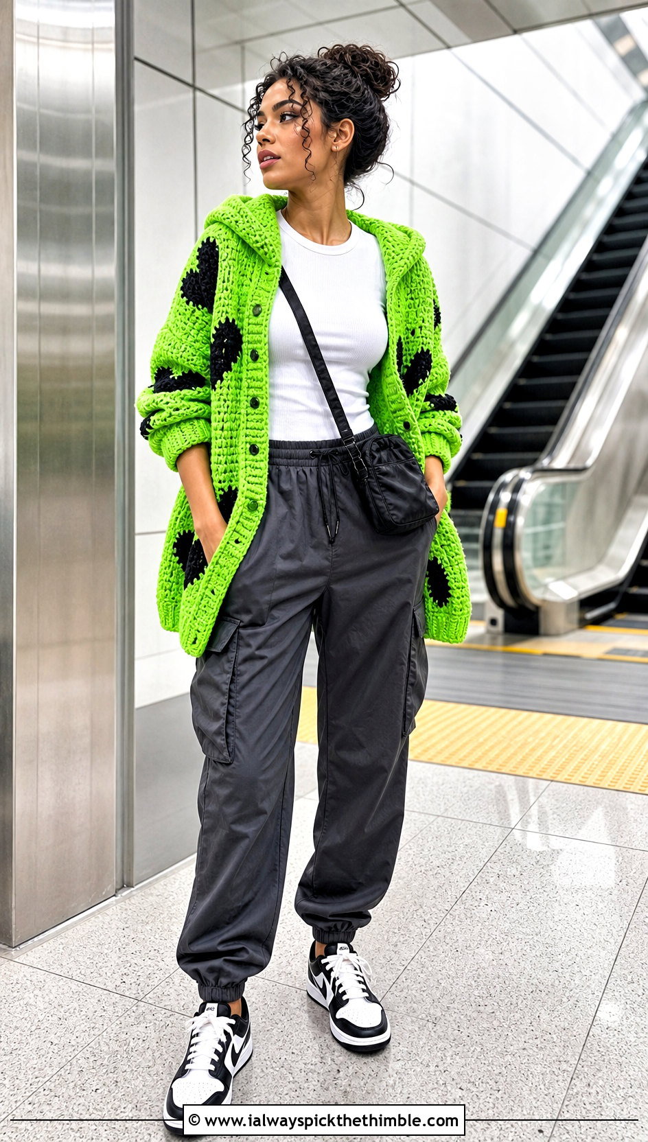 Hooded Heart Cardigan With Cargo Pants - 25 crochet heart cardigan outfit ideas