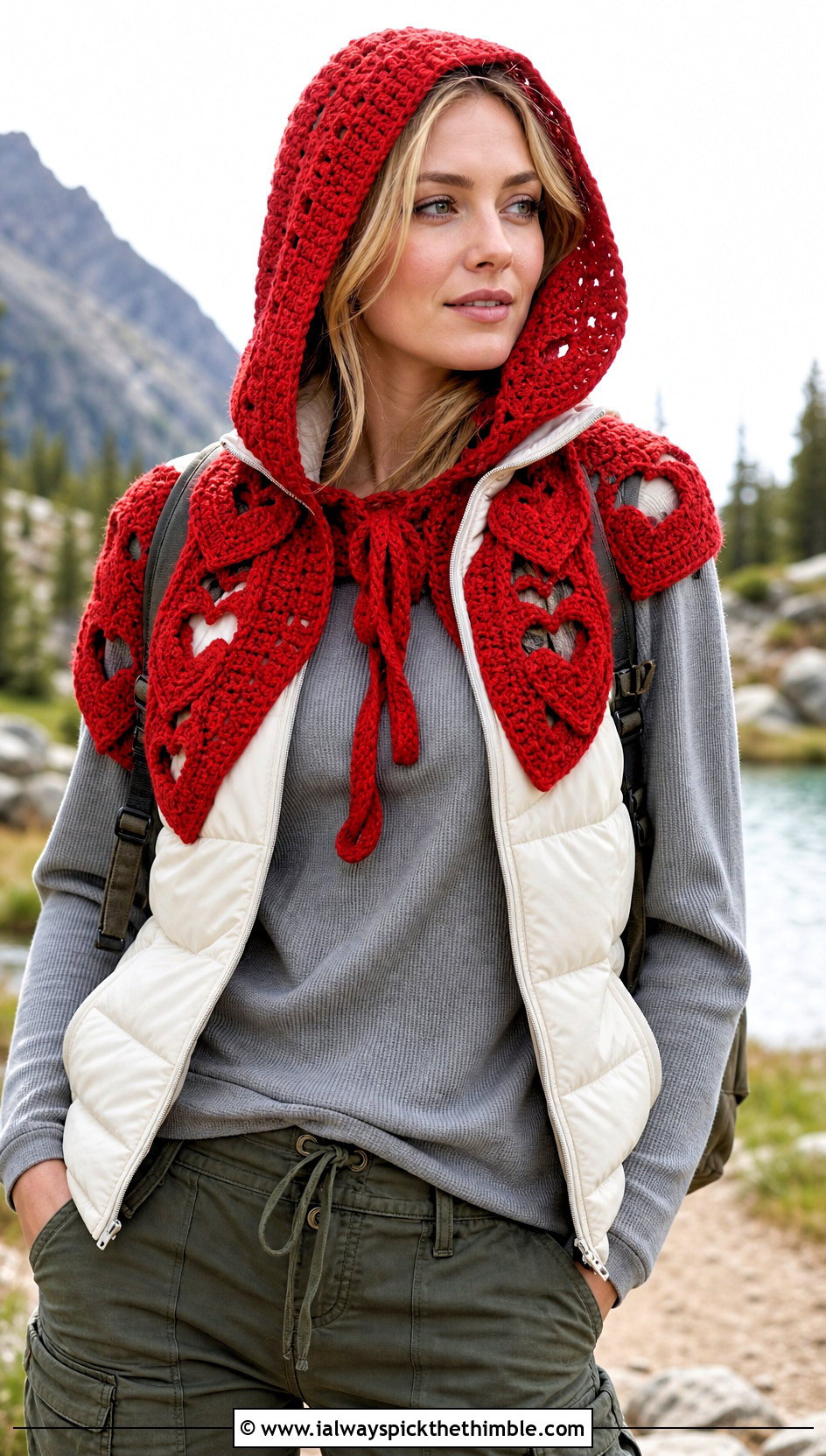 Hooded Heart Crochet Shawl With Puffer Vest - 20 Heart Crochet Shawl outfit ideas
