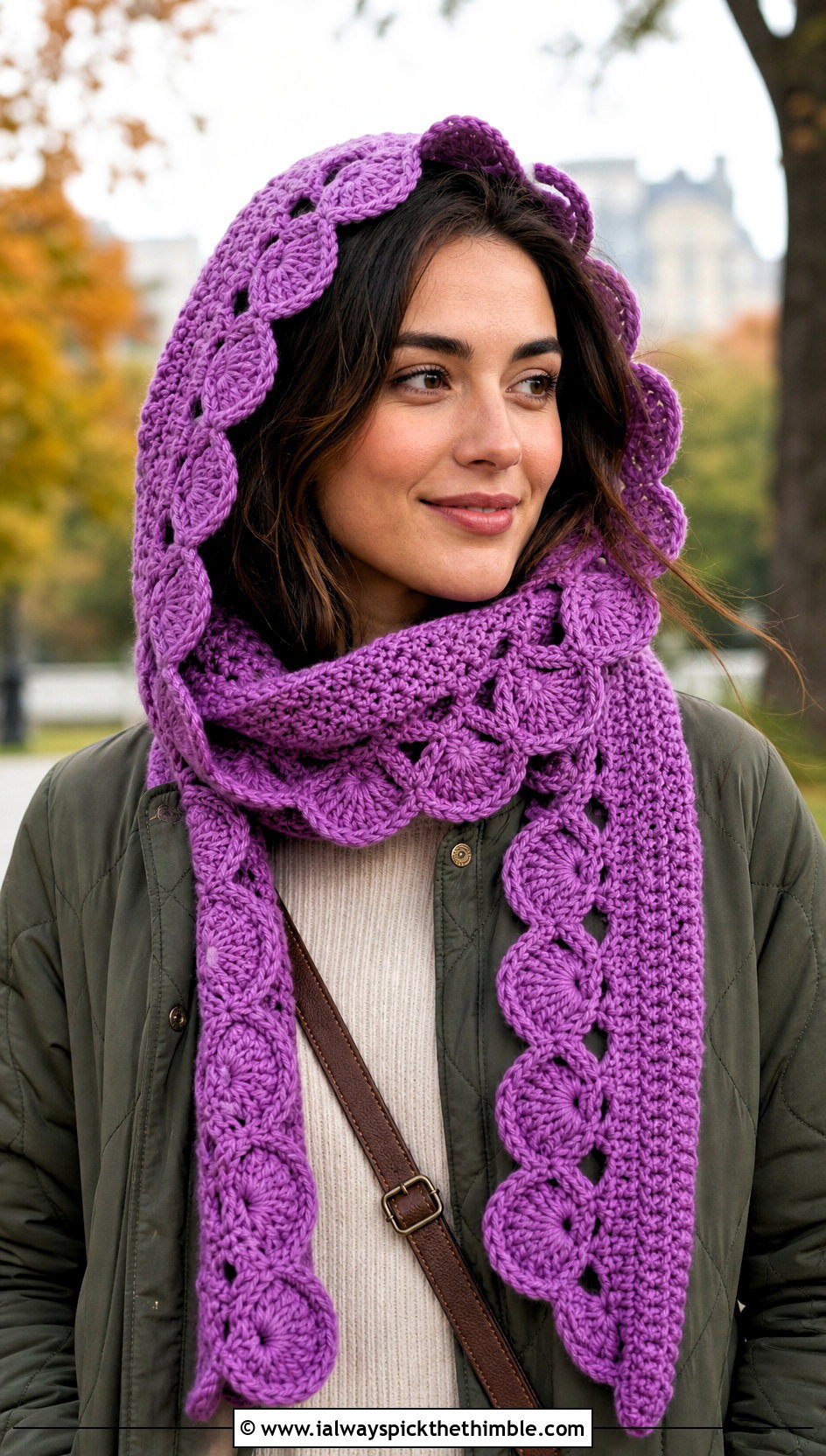 Hooded Heart Scarf With Quilted Jacket - 20 crochet heart scarf outfit ideas