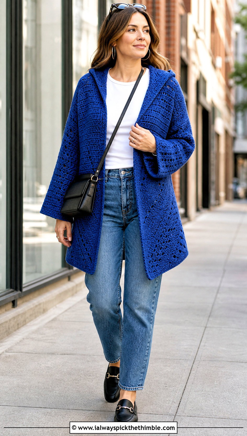 Hooded Hexagon Campfire Cardigan With Straight Leg Jeans - 20 crochet campfire cardigan outfit ideas