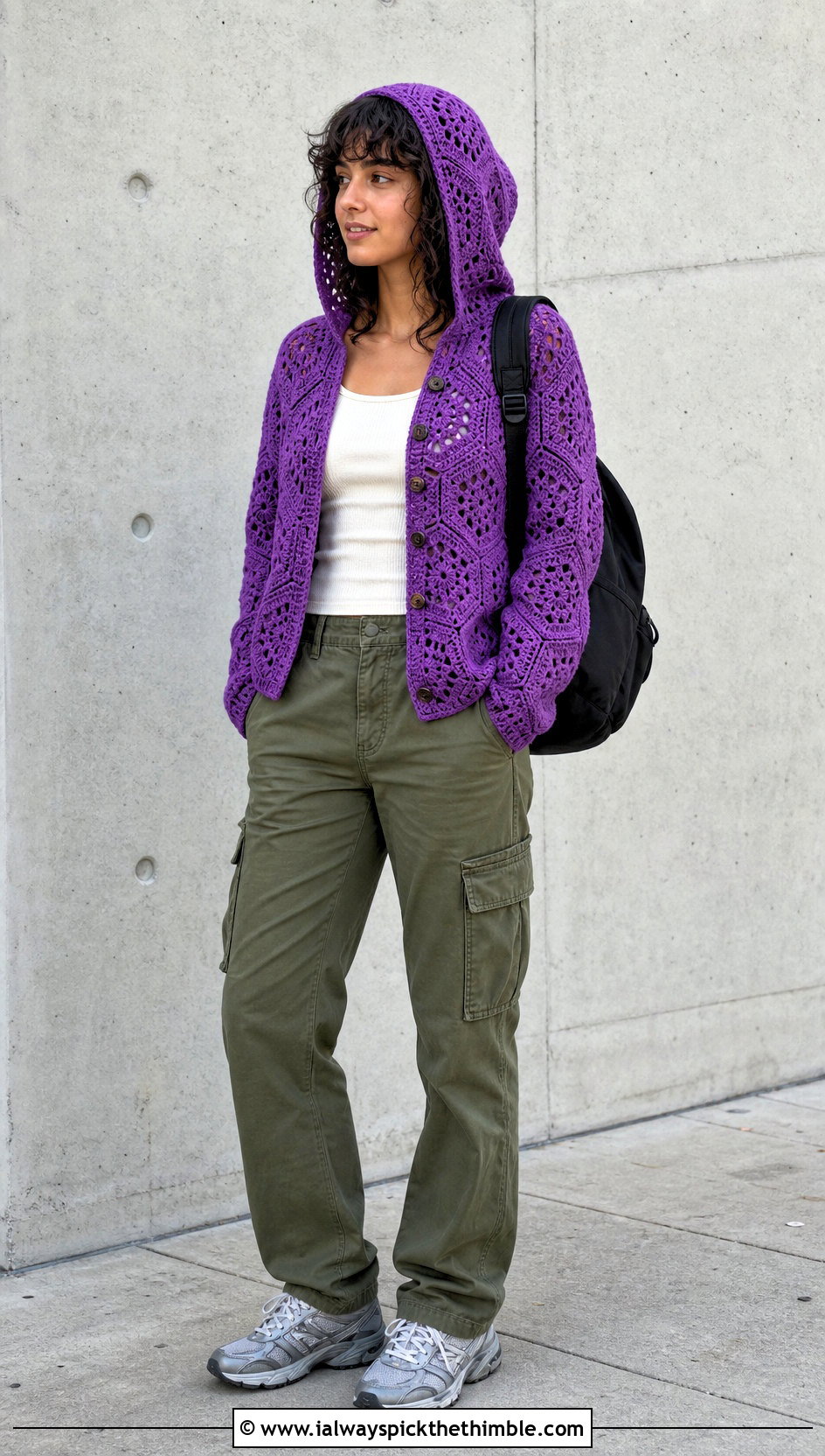 Hooded Hexagon Cardigan With Cargo Pants - 25 crochet hexagon cardigan outfit ideas