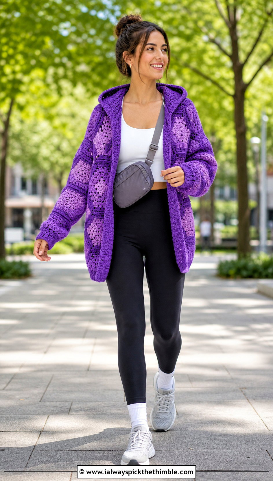 Hooded Hexagon Cardigan With Leggings And Sneakers - 25 crochet hexagon sweater outfit ideas