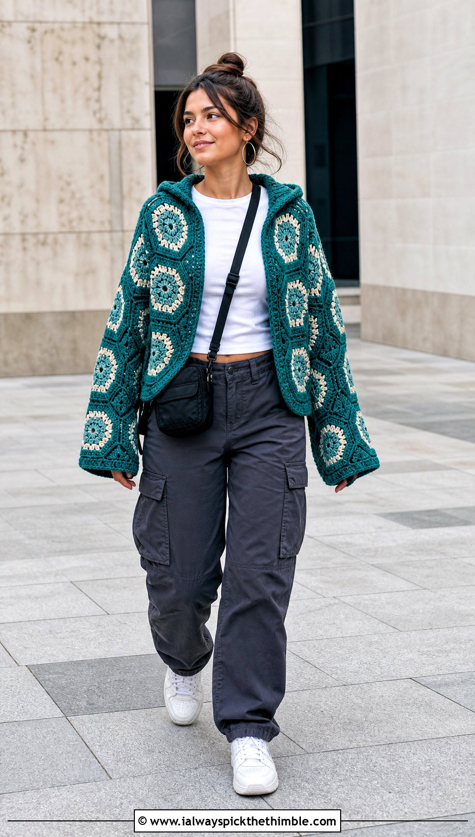 Hooded Hexagon Cotton Granny Square Cardigan With Cargo Pants - 20 cotton granny square cardigan outfit ideas
