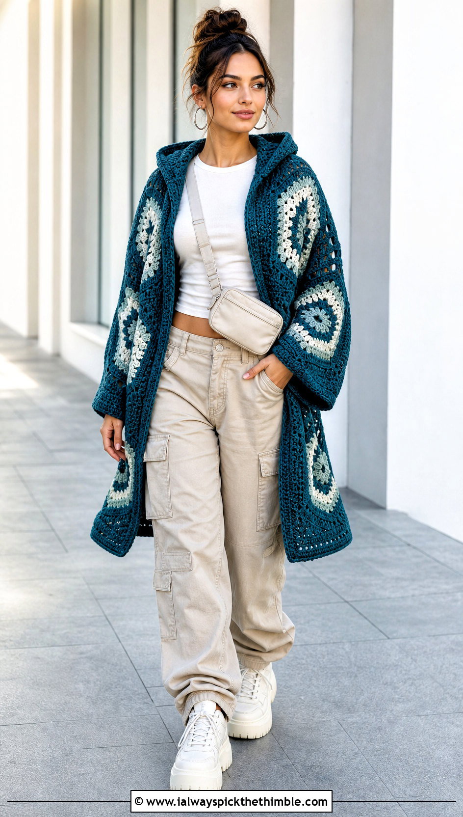 Hooded Hexagon Crochet Cardigan With Cargo Pants - 25 hexagon crochet cardigan outfit ideas