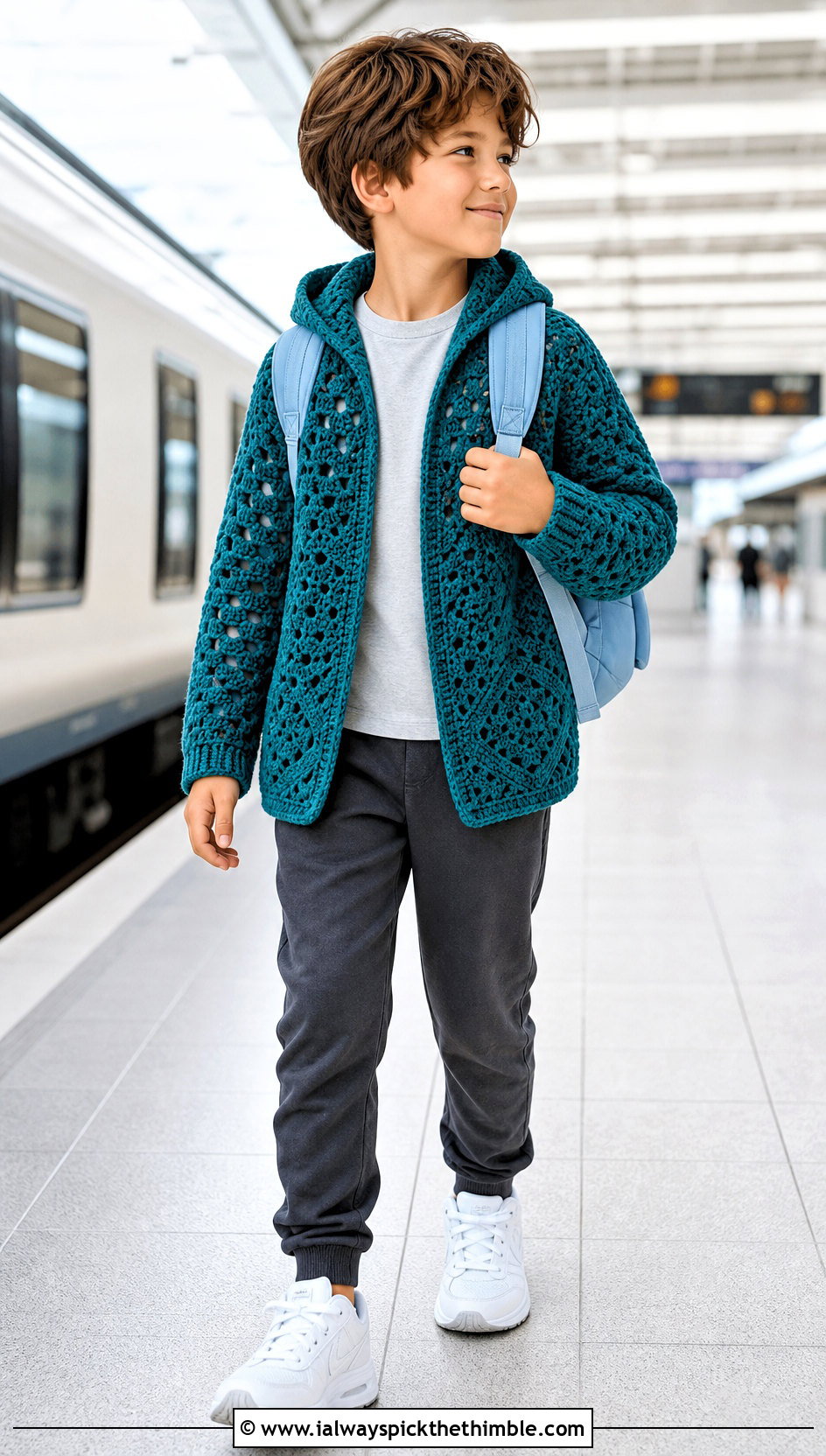 Hooded Hexagon Crochet Cardigan With Tapered Joggers - 20 Childs Crochet Cardigan outfit ideas
