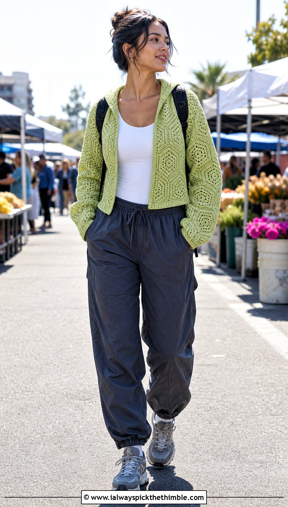 Hooded Hexagon Crochet Seamless Cardigan With Parachute Pants - 20 Crochet Seamless Cardigan outfit ideas