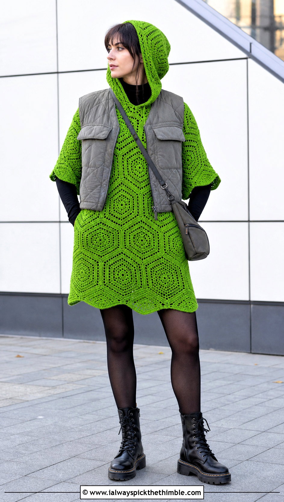 Hooded Hexagon Crochet Sweater Dress With Combat Boots - 20 hexagon crochet dress outfit ideas